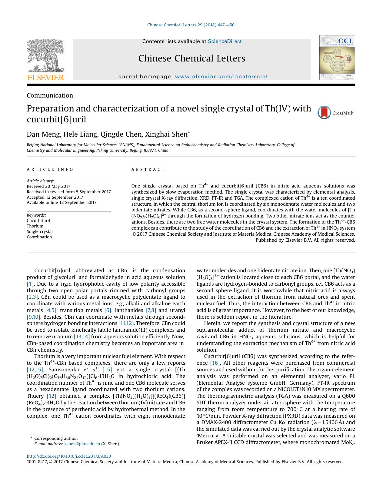 Preparation and characterization of a novel single crystal of Th(IV) with cucurbit[6]uril by Dan Meng & Hele Liang & Qingde Chen & Xinghai Shen