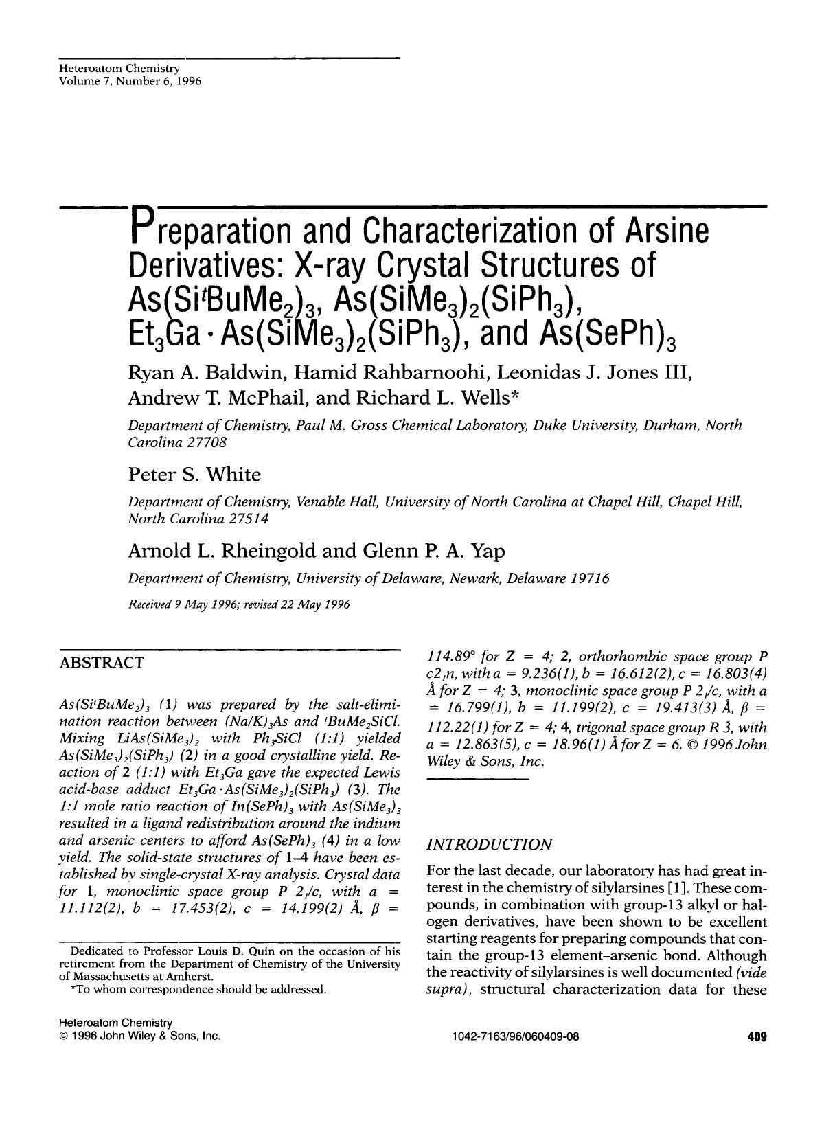 Preparation and characterization of arsine derivatives: X-ray crystal structures of As (SitBuMe2)3, As (SiMe3)2(SiPh3), Et3Ga Â· As(SiMe3)2(SiPh3), and As(SePh)3 by Unknown