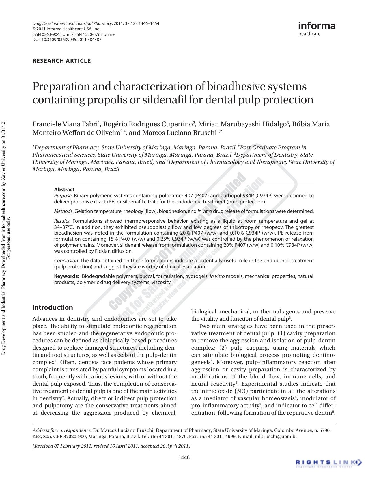 Preparation and characterization of bioadhesive systems containing propolis or sildenafil for dental pulp protection by unknow