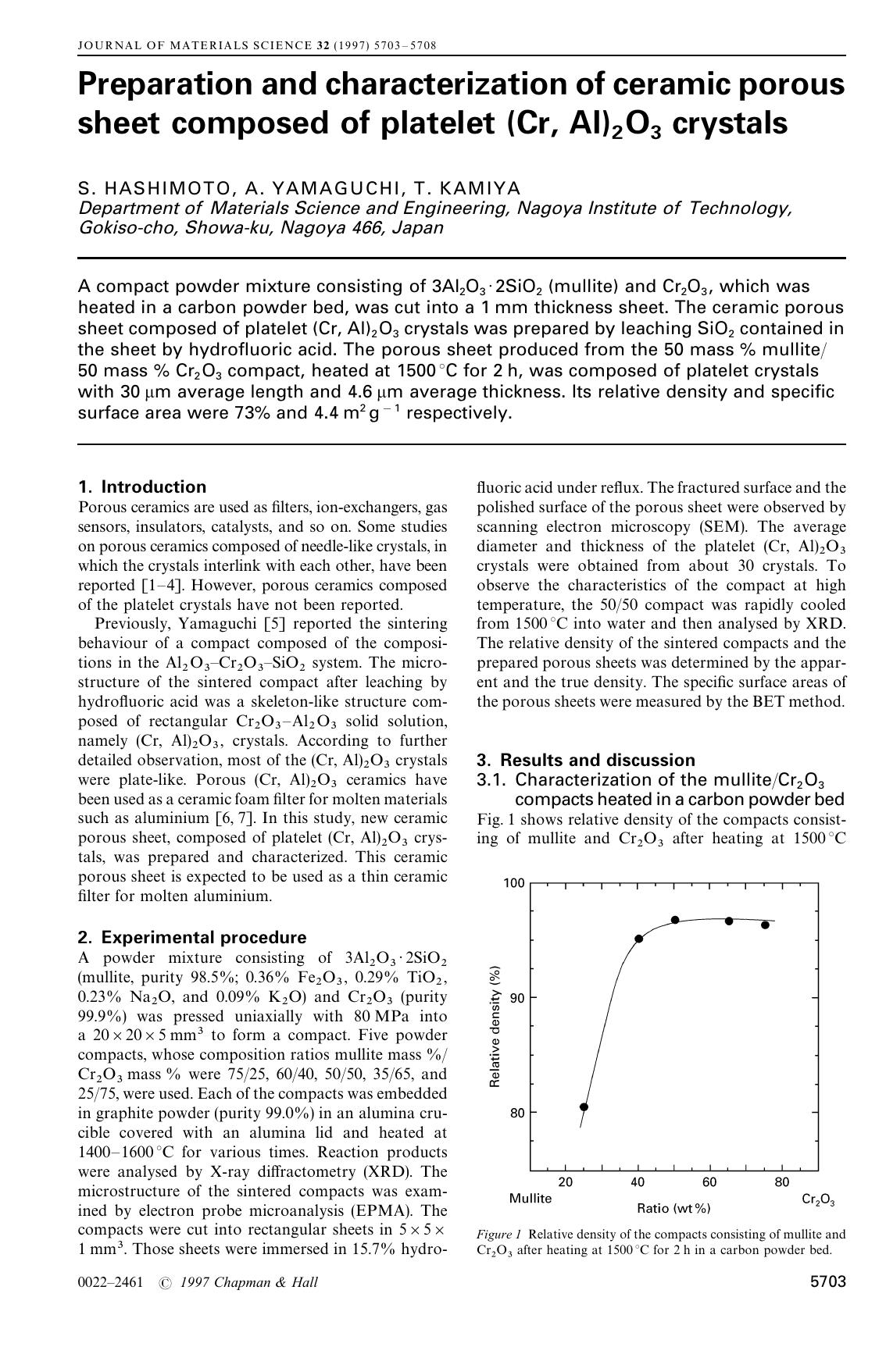 Preparation and characterization of ceramic porous sheet composed of platelet (Cr, Al)2O3 crystals by Unknown