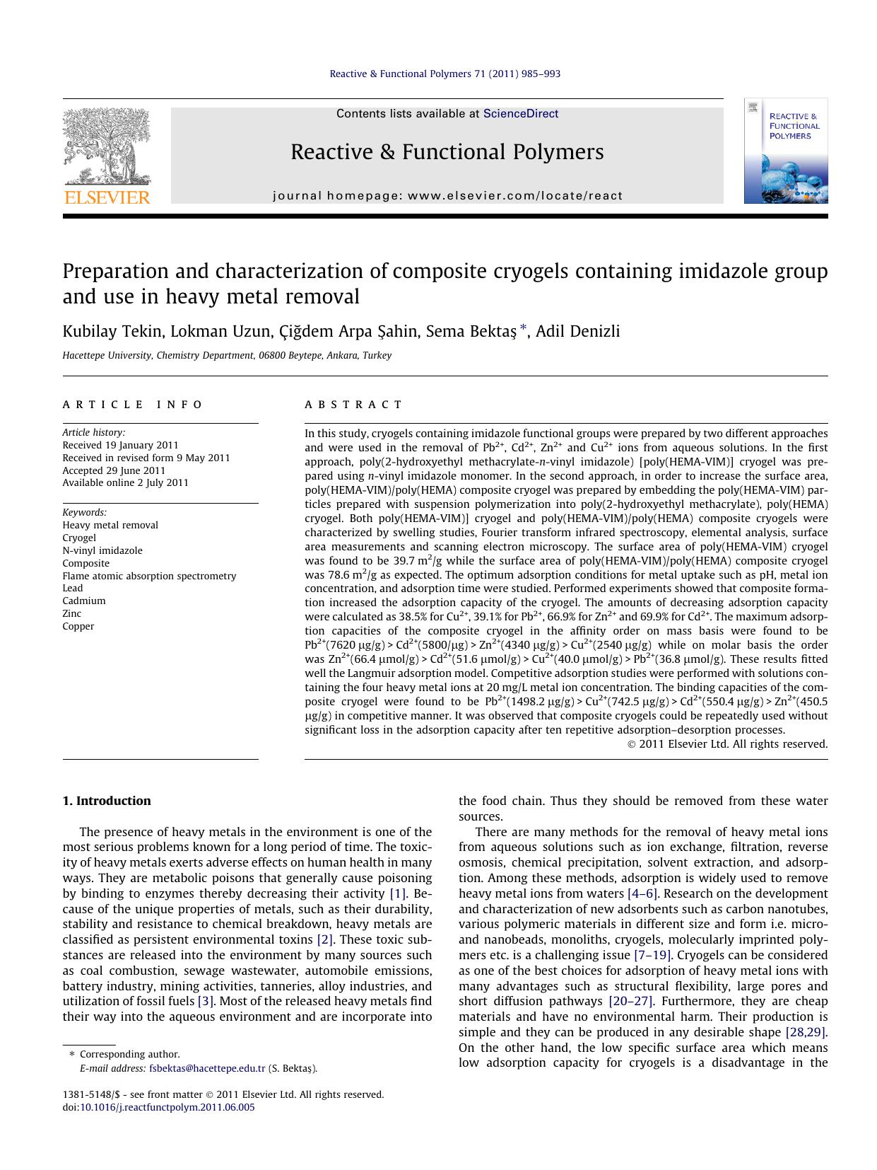 Preparation and characterization of composite cryogels containing imidazole group and use in heavy metal removal by Kubilay Tekin & Lokman Uzun & Çiğdem Arpa Şahin & Sema Bektaş & Adil Denizli