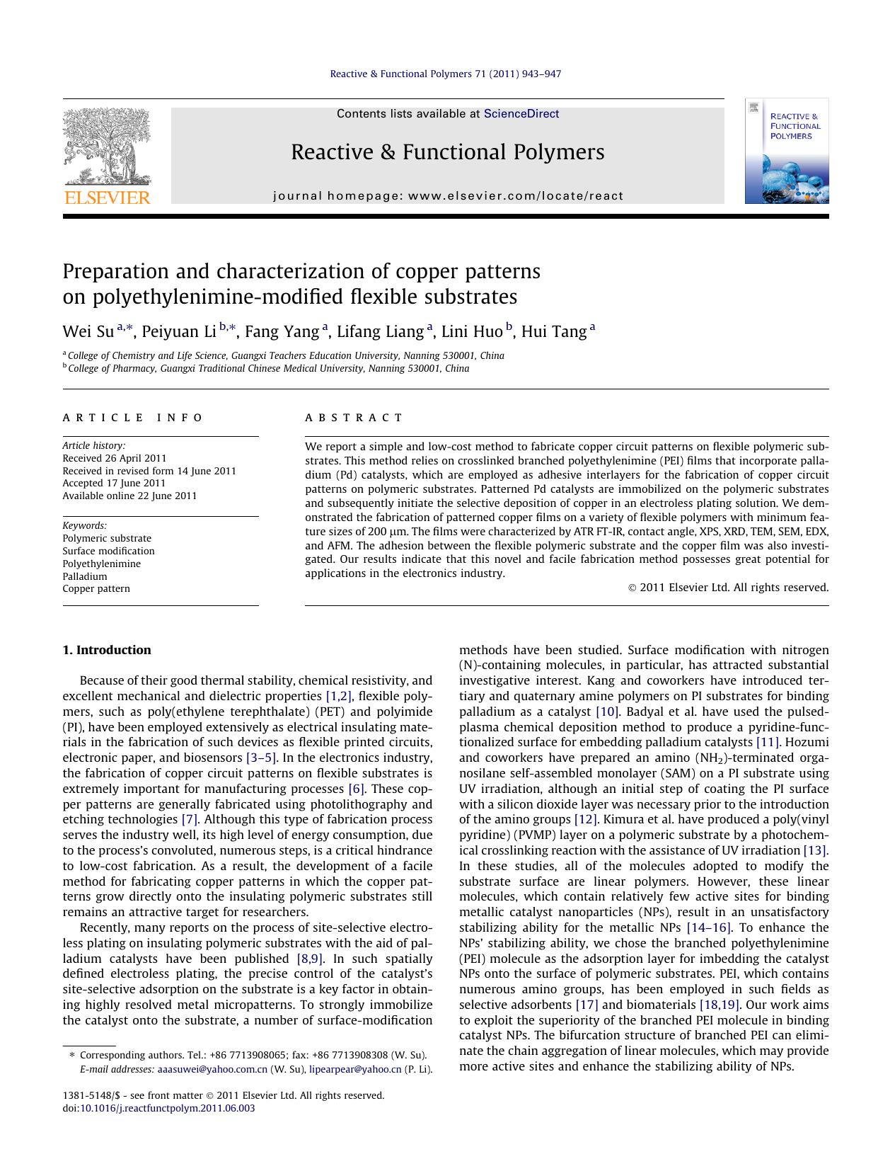 Preparation and characterization of copper patterns on polyethylenimine-modified flexible substrates by Wei Su & Peiyuan Li & Fang Yang & Lifang Liang & Lini Huo & Hui Tang