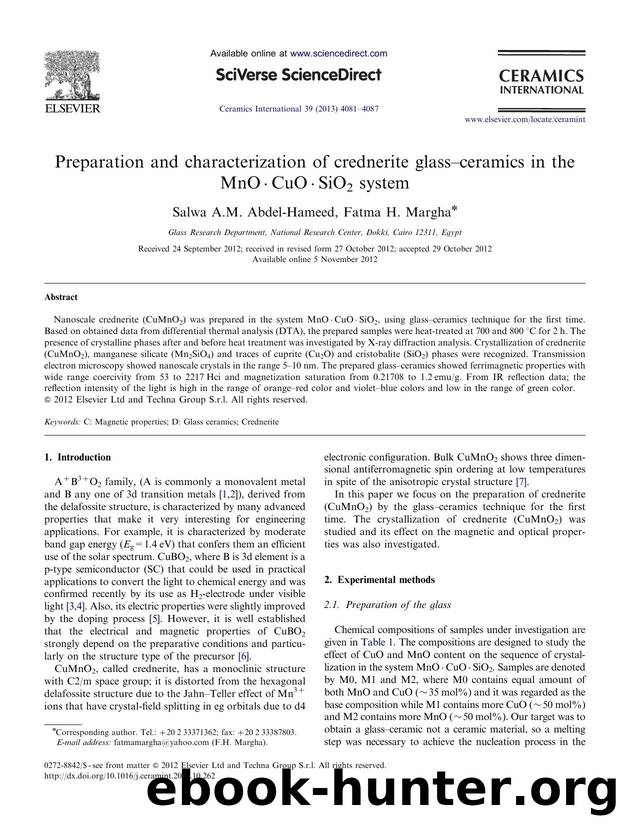 Preparation and characterization of crednerite glassâceramics in the MnOÂ·CuOÂ·SiO2 system by Salwa A.M. Abdel-Hameed & Fatma H. Margha