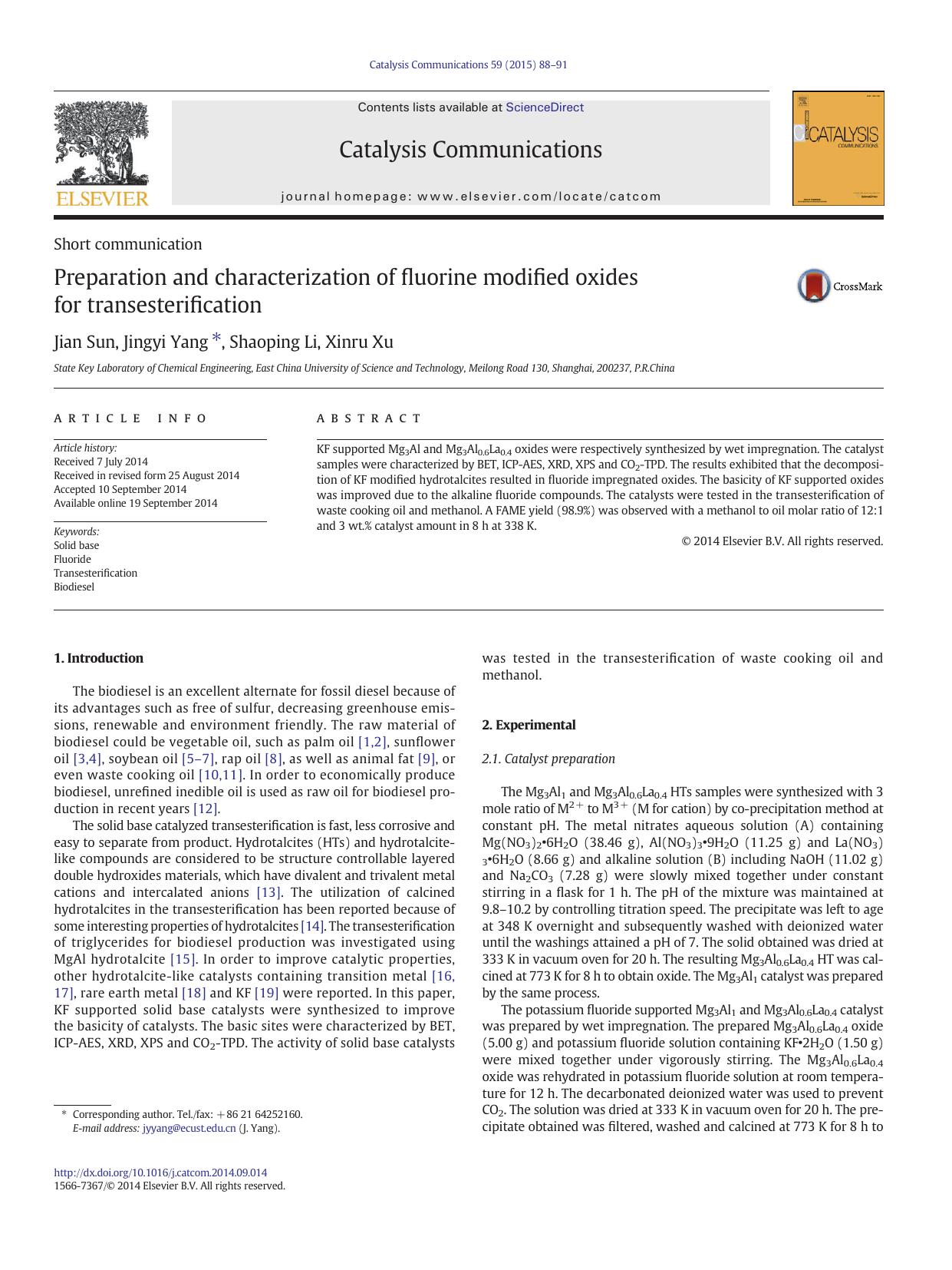 Preparation and characterization of fluorine modified oxides for transesterification by Jian Sun & Jingyi Yang & Shaoping Li & Xinru Xu