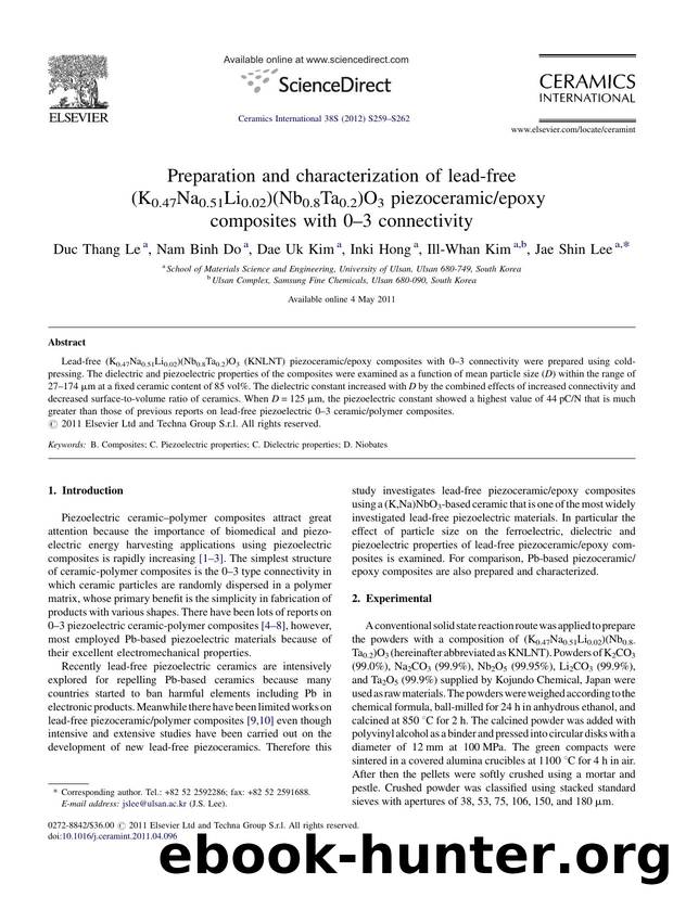 Preparation and characterization of lead-free (K0.47Na0.51Li0.02)(Nb0.8Ta0.2)O3 piezoceramicepoxy composites with 0â3 connectivity by Duc Thang Le