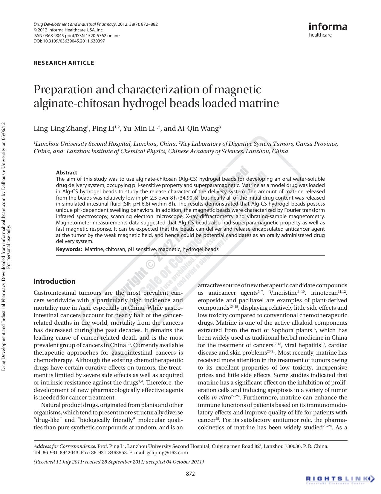 Preparation and characterization of magnetic alginate-chitosan hydrogel beads loaded matrine by Ling-Ling Zhang Ping Li Yu-Min Li & Ai-Qin Wang