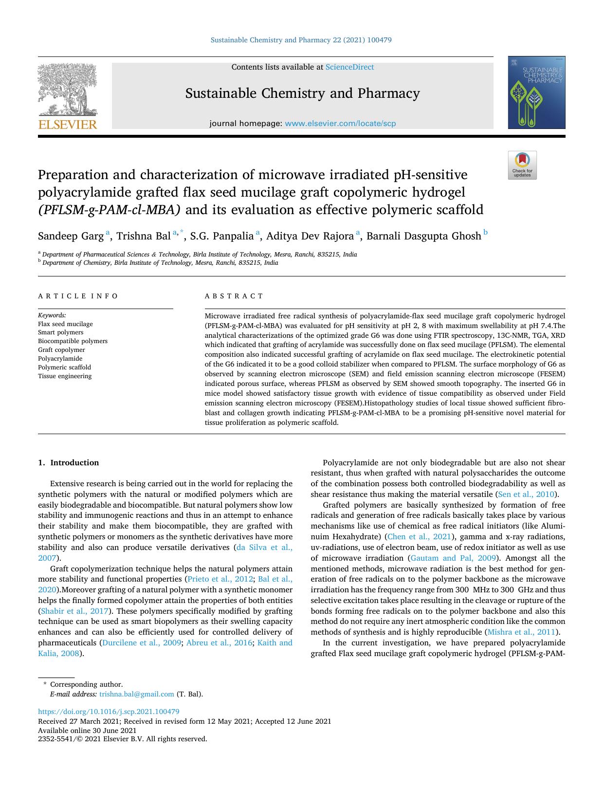 Preparation and characterization of microwave irradiated pH-sensitive polyacrylamide grafted flax seed mucilage graft copolymeric hydrogel (PFLSM-g-PAM-cl-MBA) and its evaluation a by Sandeep Garg & Trishna Bal & S.G. Panpalia & Aditya Dev Rajora & Barnali Dasgupta Ghosh