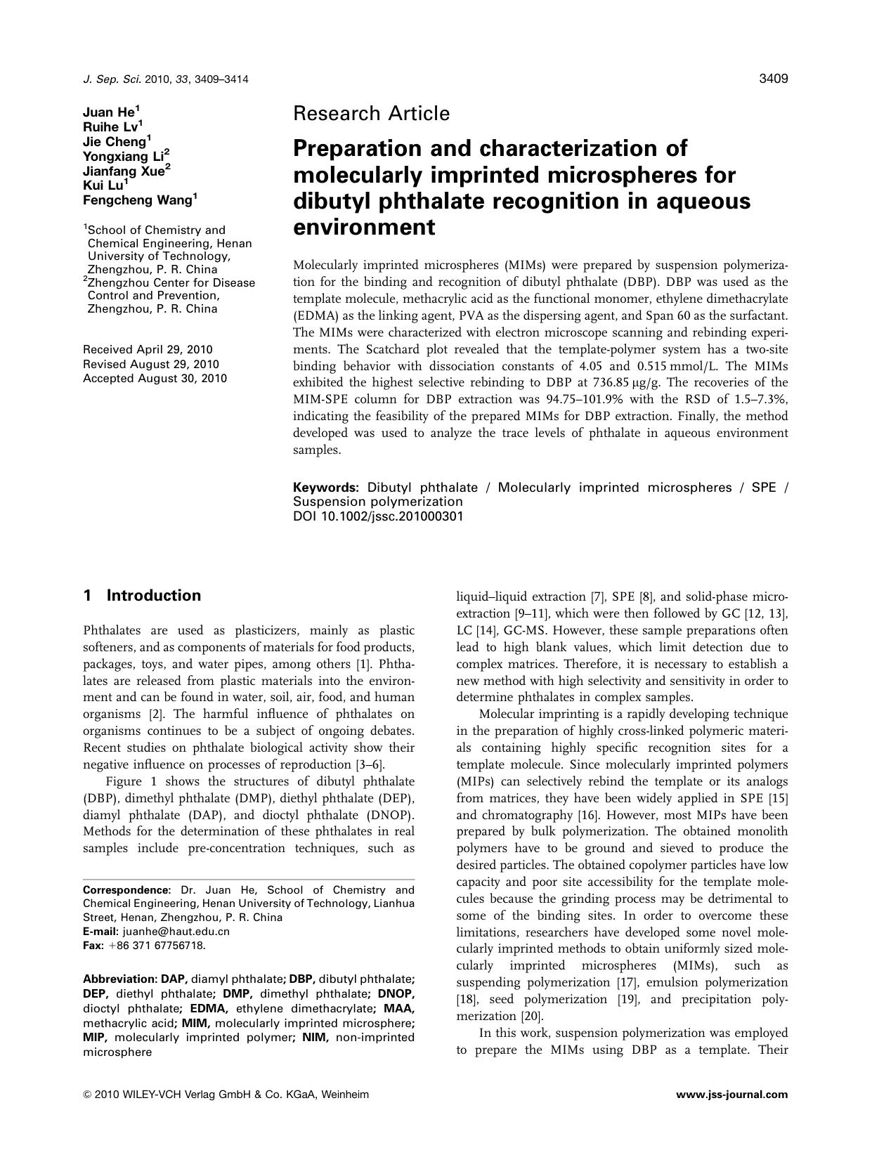 Preparation and characterization of molecularly imprinted microspheres for dibutyl phthalate recognition in aqueous environment by Unknown