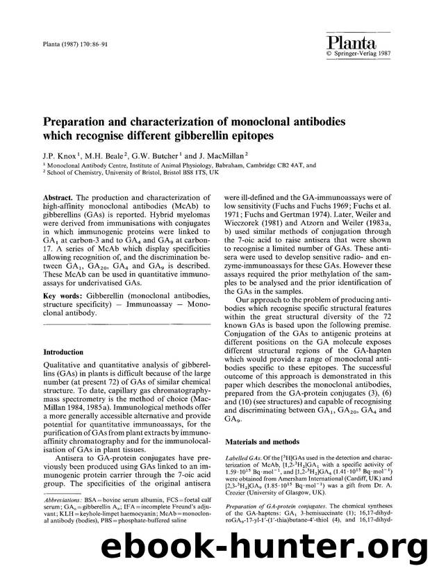 Preparation and characterization of monoclonal antibodies which recognise different gibberellin epitopes by Unknown