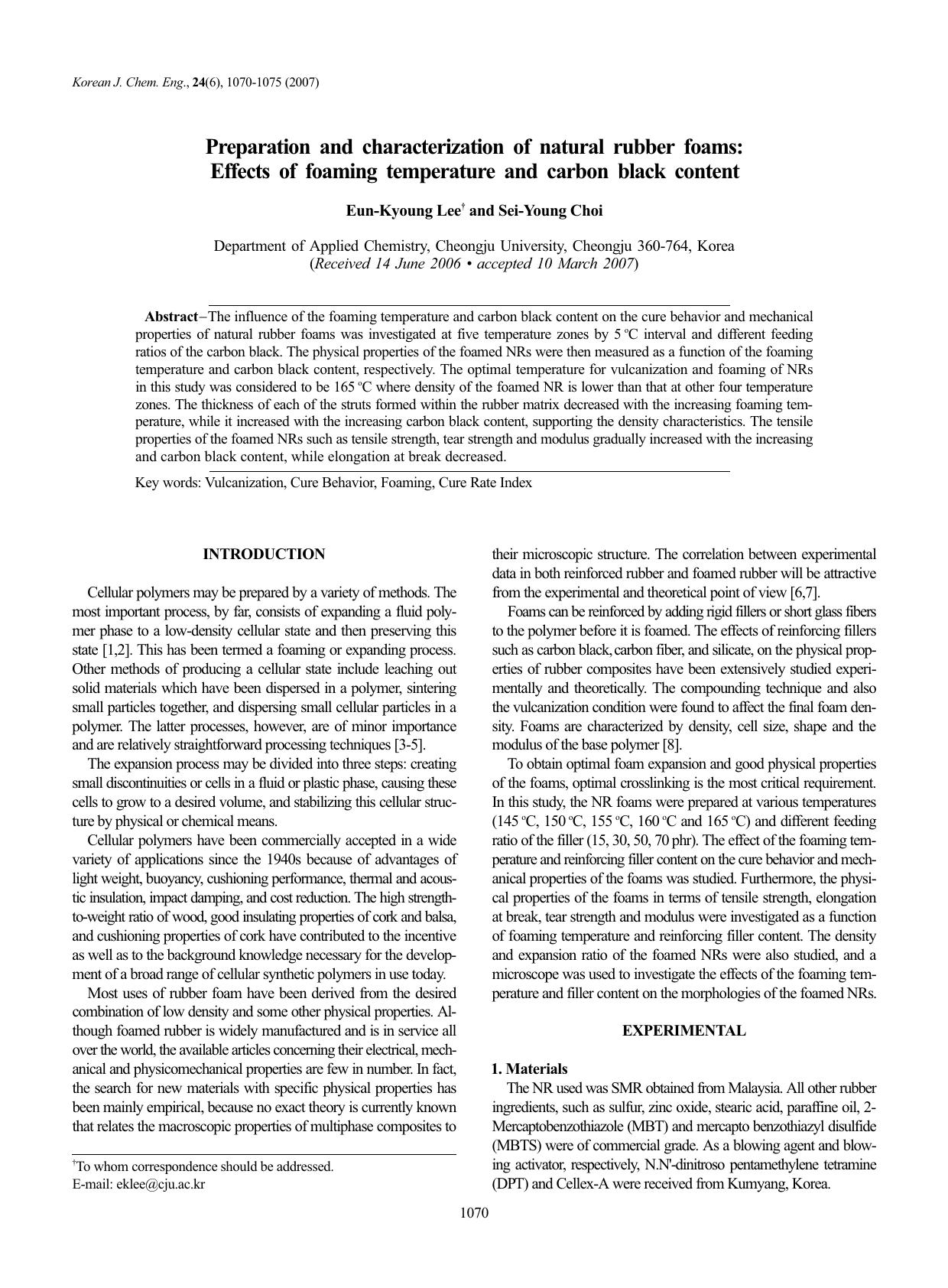 Preparation and characterization of natural rubber foams: Effects of foaming temperature and carbon black content by Unknown