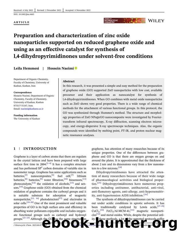 Preparation and characterization of zinc oxide nanoparticles supported on reduced graphene oxide and using as an effective catalyst for synthesis of l,4âdihydropyrimidinones unde by Unknown