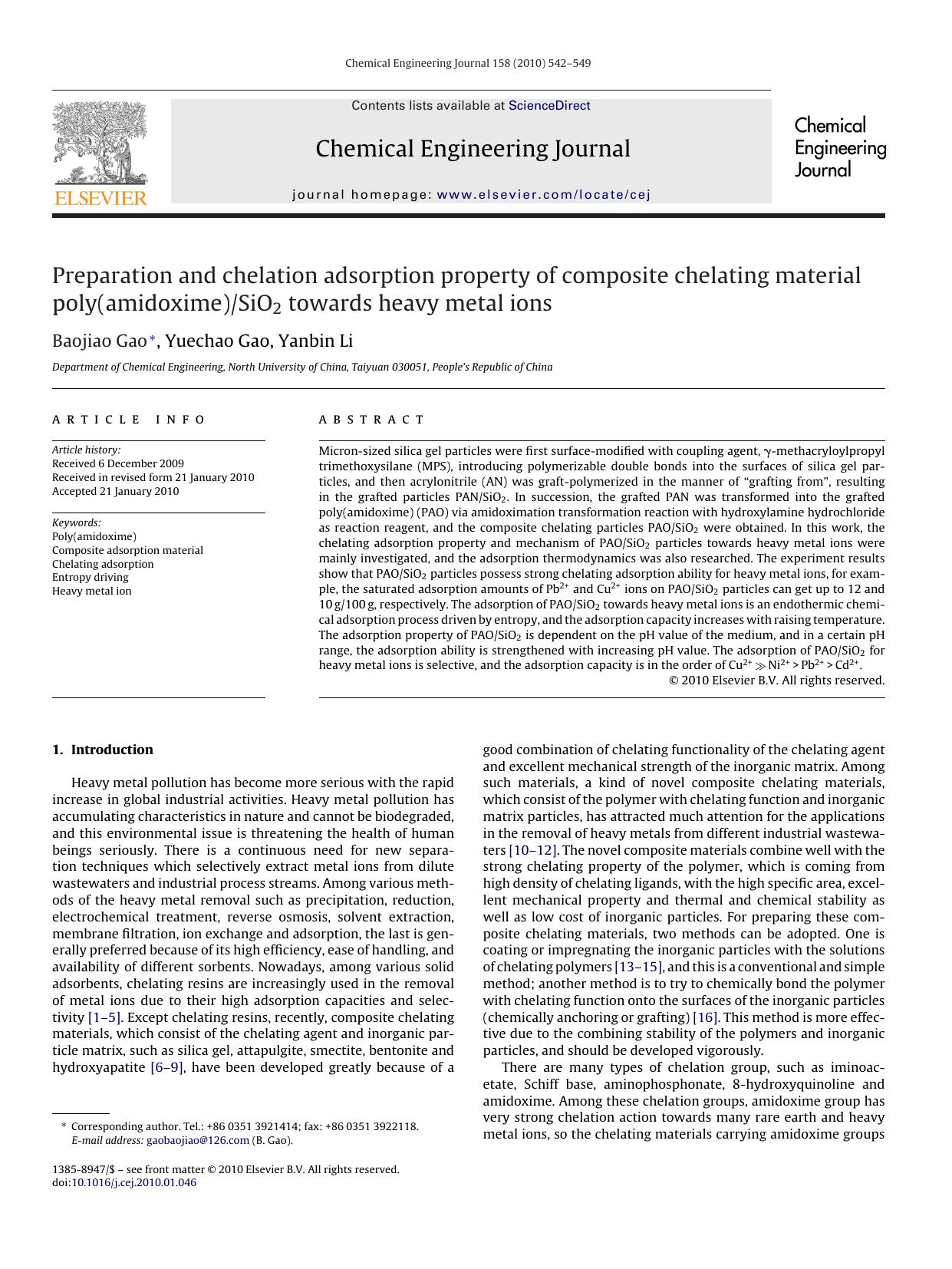 Preparation and chelation adsorption property of composite chelating material poly(amidoxime)SiO2 towards heavy metal ions by Baojiao Gao; Yuechao Gao; Yanbin Li