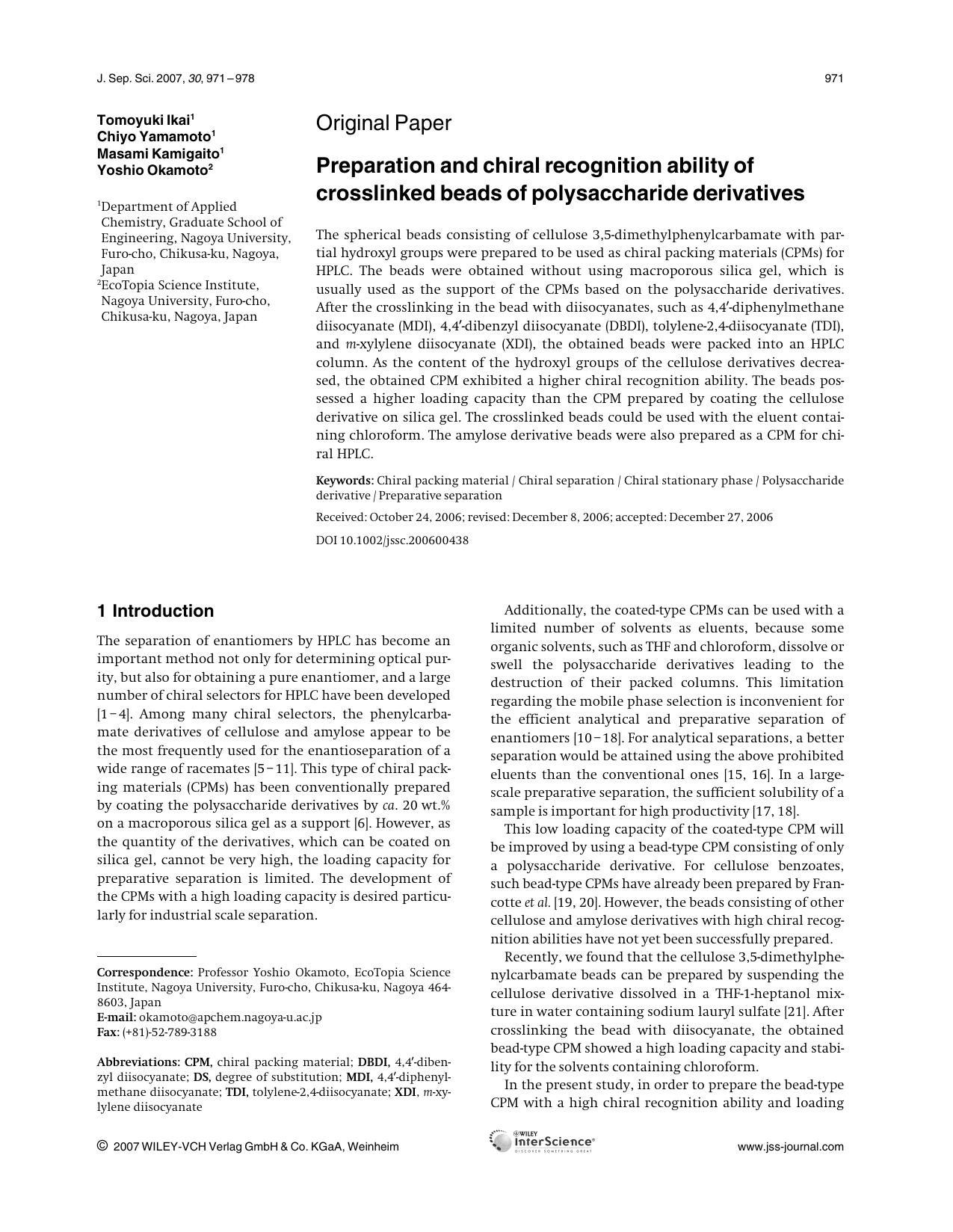 Preparation and chiral recognition ability of crosslinked beads of polysaccharide derivatives by Unknown