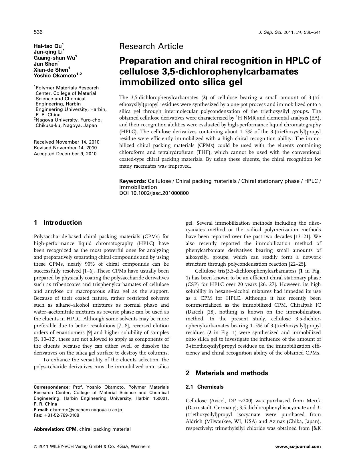 Preparation and chiral recognition in HPLC of cellulose 3,5dichlorophenylcarbamates immobilized onto silica gel by Unknown