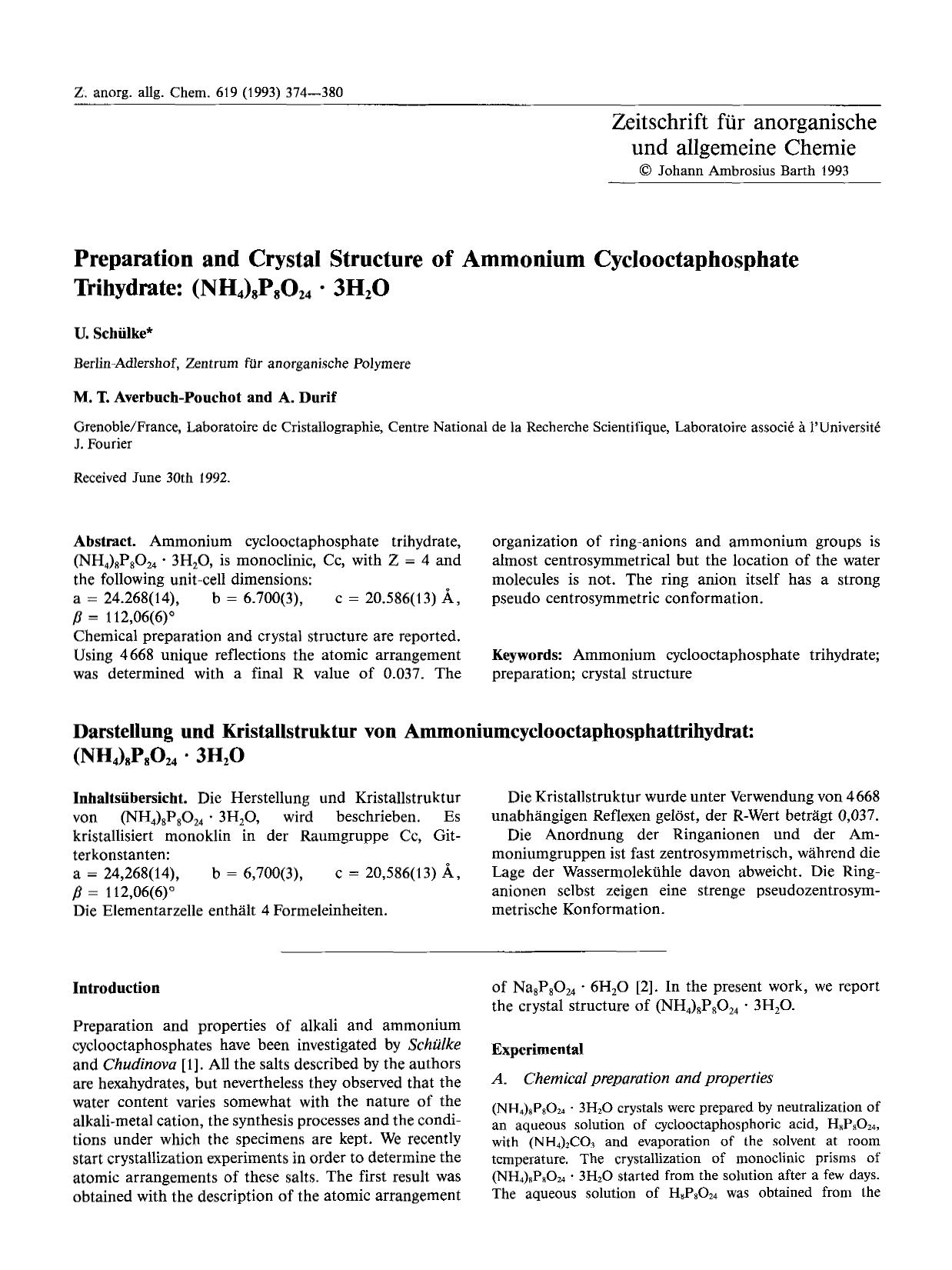 Preparation and crystal structure of Ammonium Cyclooctaphosphate Trihydrate: (NH4)8P8O24 Â· 3H2O by Unknown