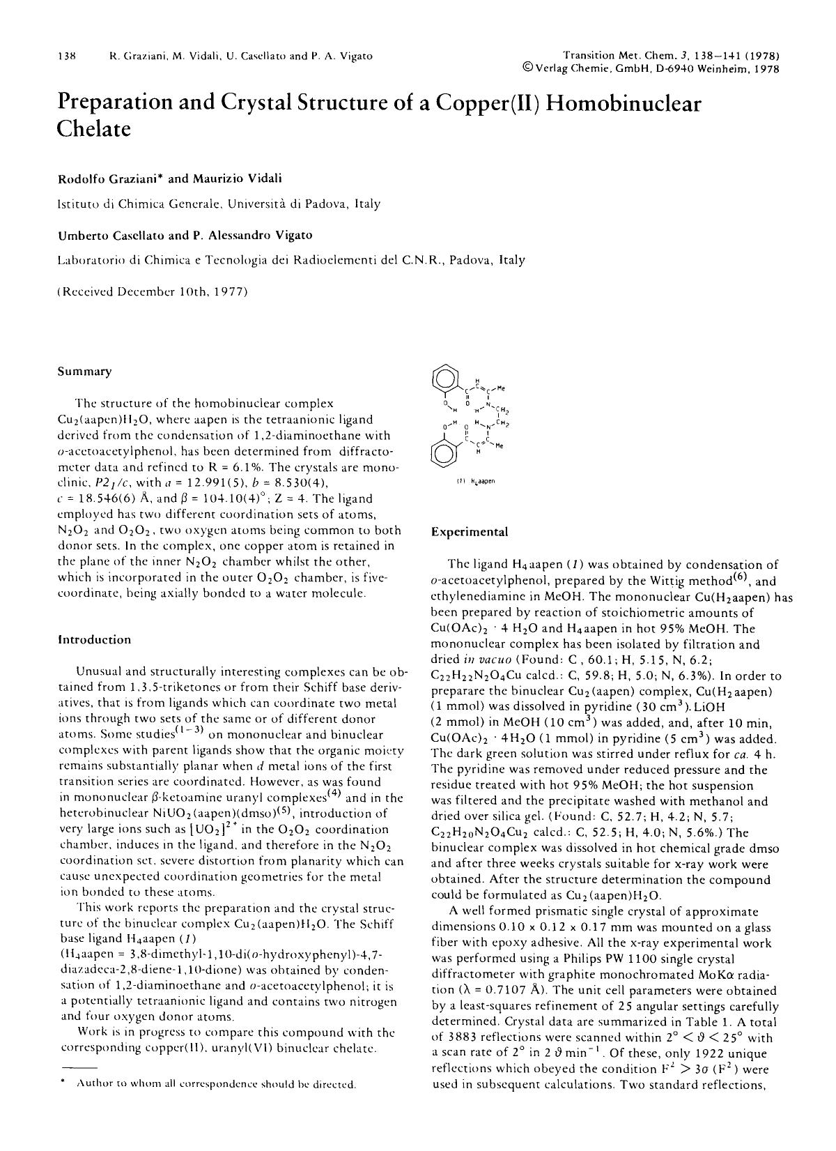 Preparation and crystal structure of a copper(II) homobinuclear chelate by Unknown