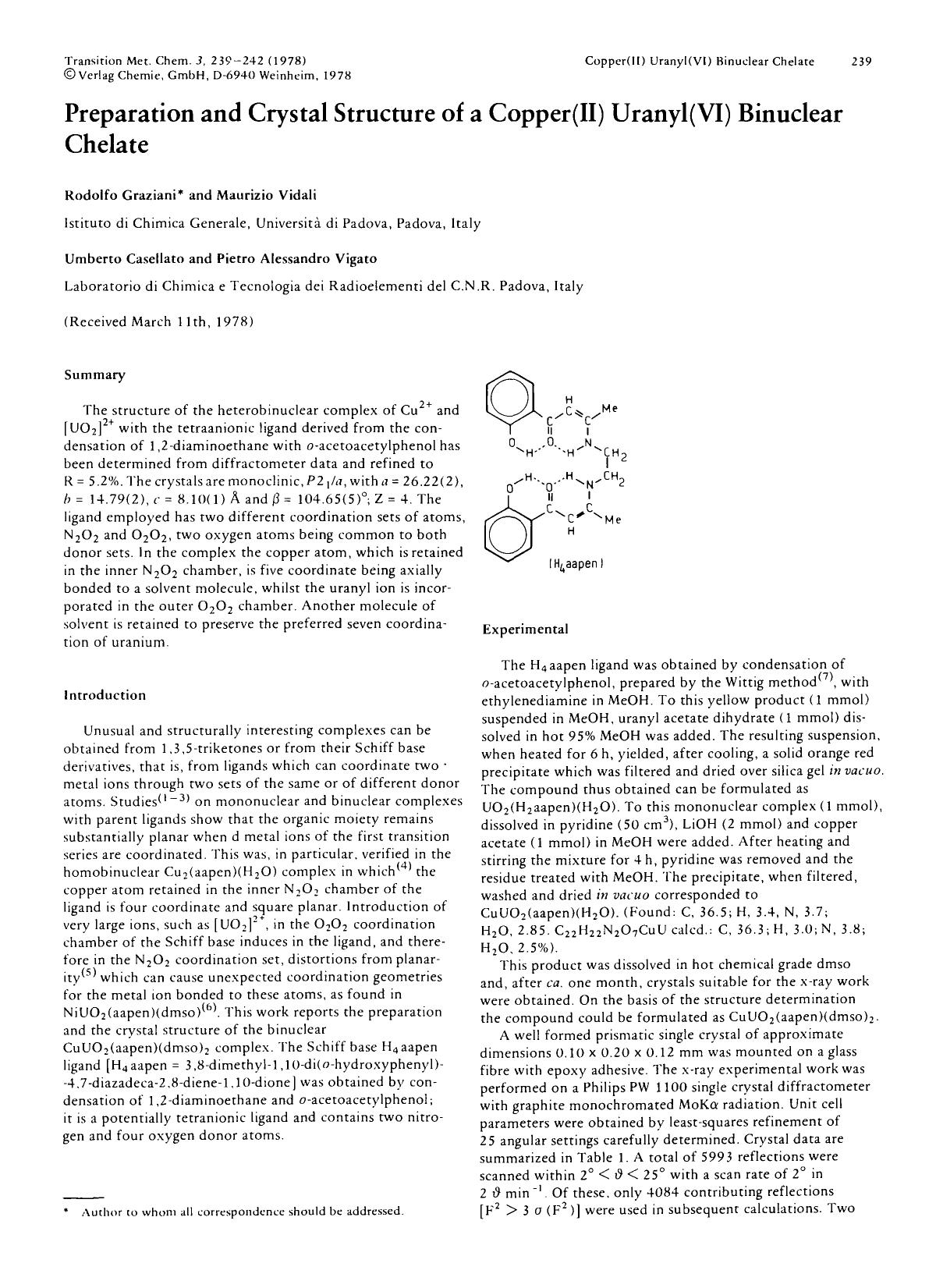 Preparation and crystal structure of a copper(II) uranyl(VI) binuclear chelate by Unknown