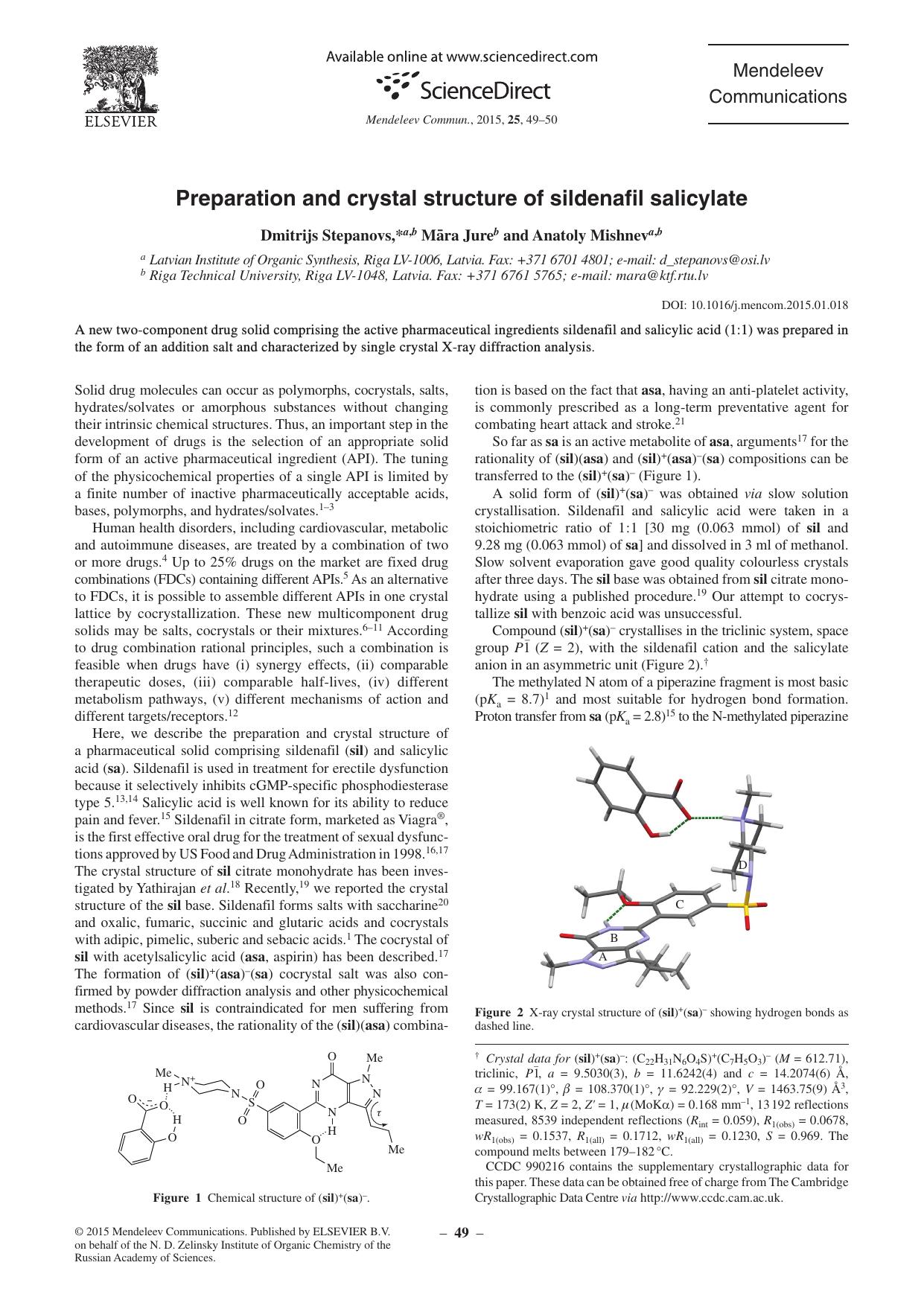 Preparation and crystal structure of sildenafil salicylate by Dmitrijs Stepanovs & Māra Jure & Anatoly Mishnev
