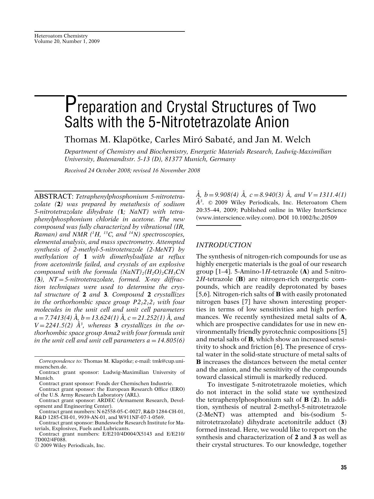 Preparation and crystal structures of two salts with the 5-nitrotetrazolate anion by Unknown