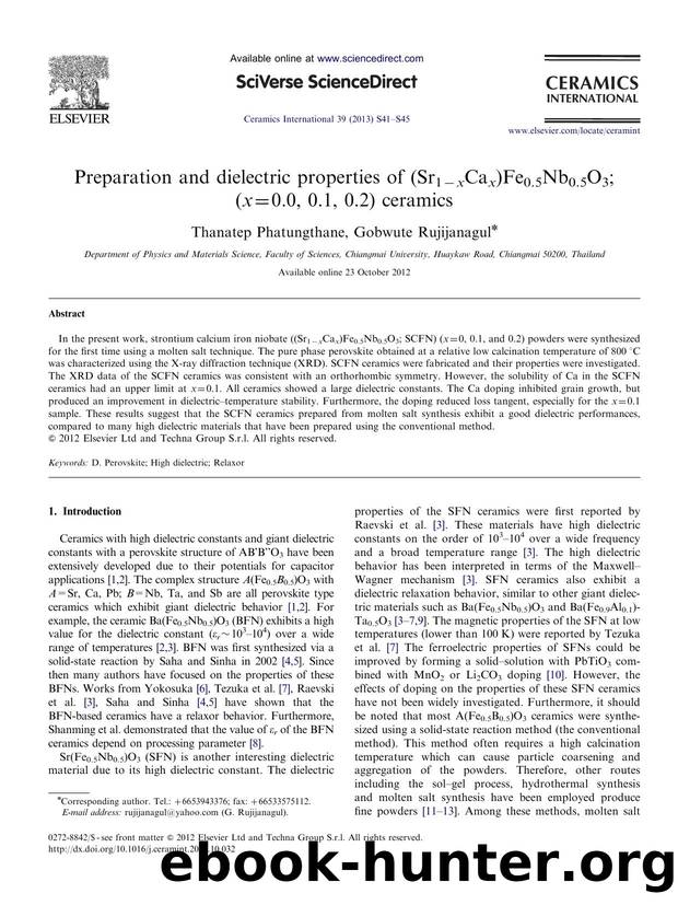 Preparation and dielectric properties of (Sr1âxCax)Fe0.5Nb0.5O3; (x=0.0, 0.1, 0.2) ceramics by Thanatep Phatungthane & Gobwute Rujijanagul