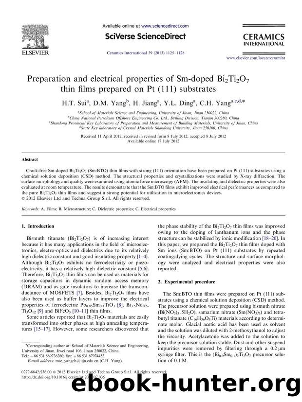 Preparation and electrical properties of Sm-doped Bi2Ti2O7 thin films prepared on Pt (111) substrates by H.T. Sui & D.M. Yang & H. Jiang & Y.L. Ding & C.H. Yang