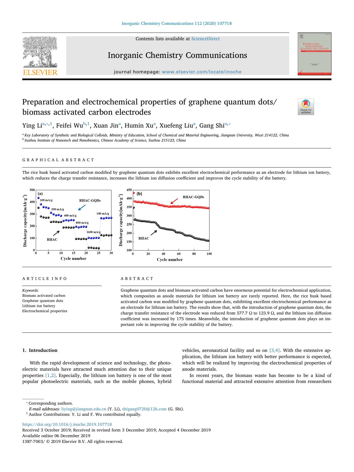 Preparation and electrochemical properties of graphene quantum dotsbiomass activated carbon electrodes by Ying Li & Feifei Wu & Xuan Jin & Humin Xu & Xuefeng Liu & Gang Shi