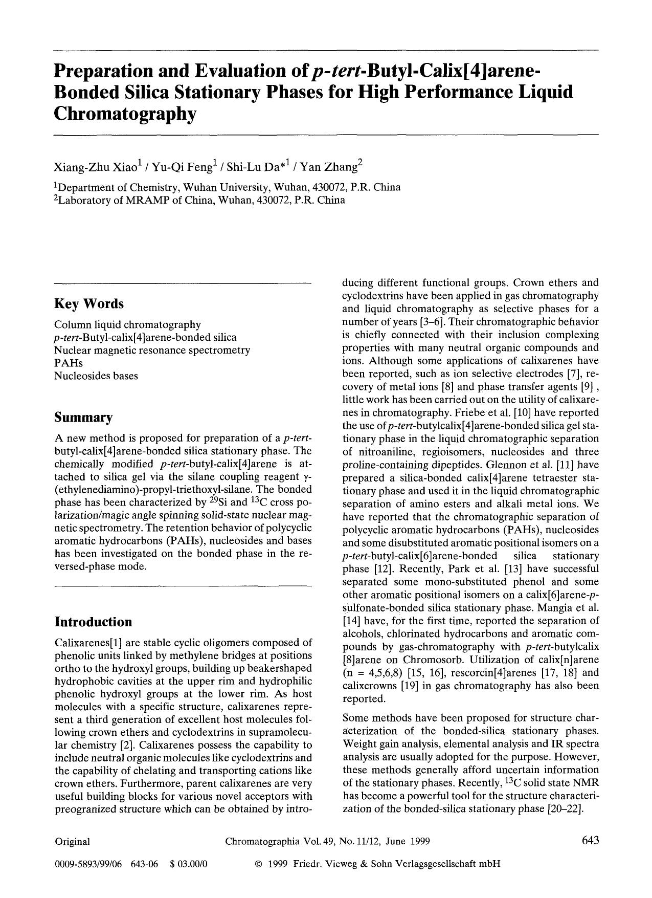 Preparation and evaluation of <Emphasis Type="Italic">p-tert <Emphasis>-butyl-calix[4]arene-bonded silica stationary phases for high performance liquid chromatography by Unknown
