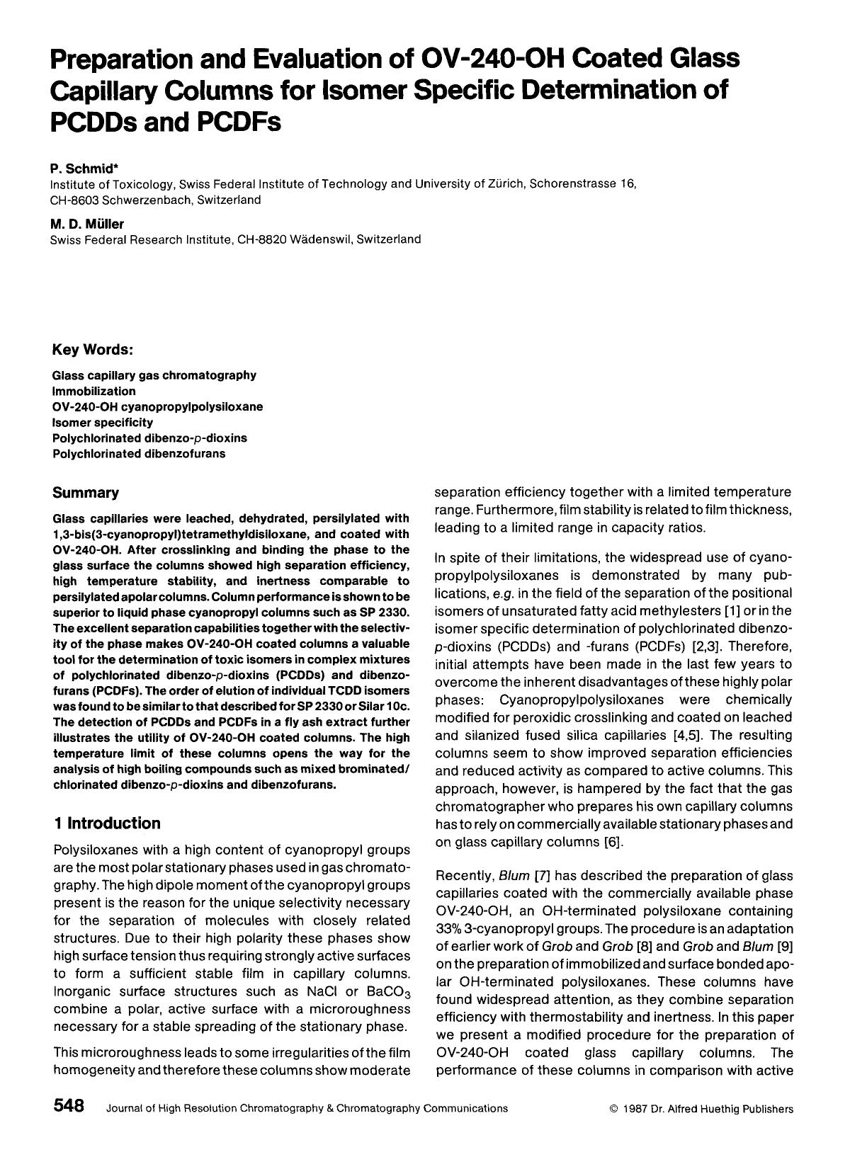 Preparation and evaluation of OV-240-OH coated glass capillary columns for isomer specific determination of PCDDs and PCDFs by Unknown