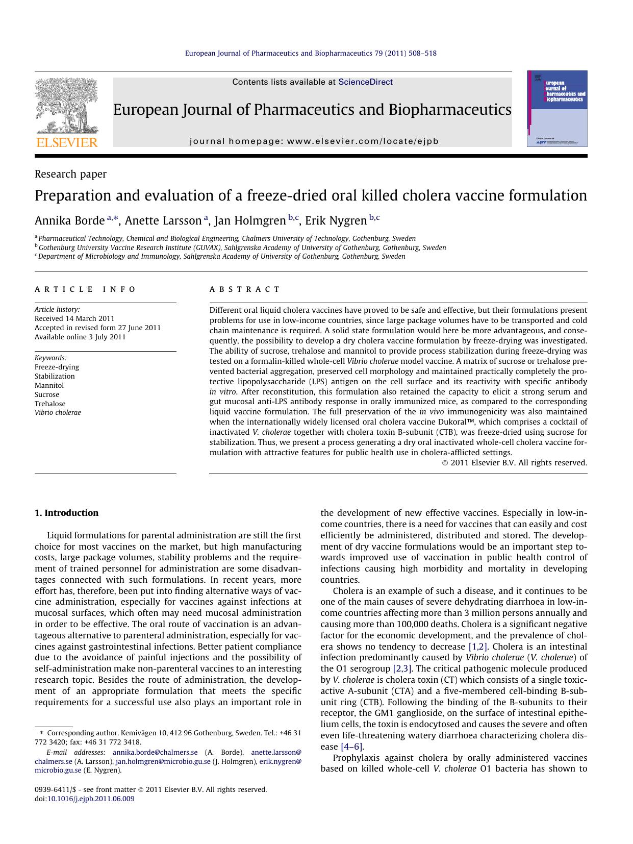 Preparation and evaluation of a freeze-dried oral killed cholera vaccine formulation by Annika Borde & Anette Larsson & Jan Holmgren & Erik Nygren