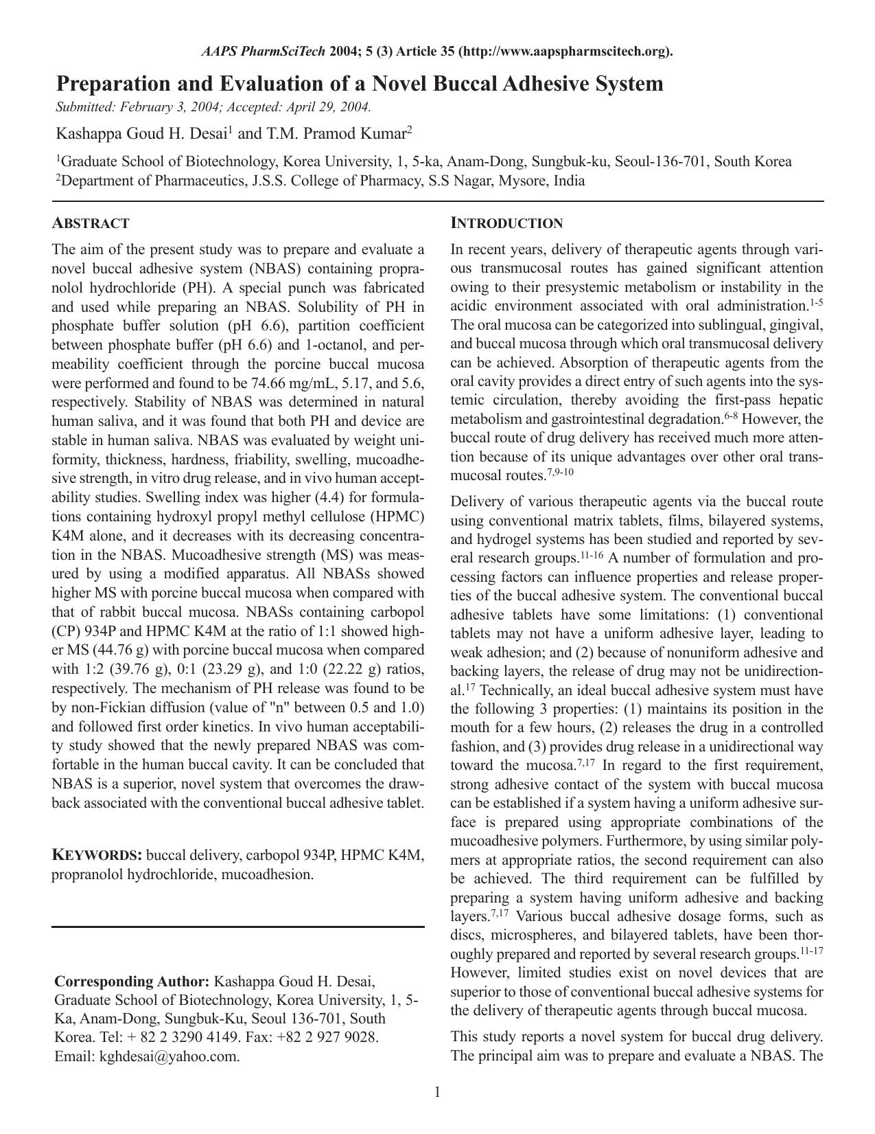 Preparation and evaluation of a novel buccal adhesive system by Unknown