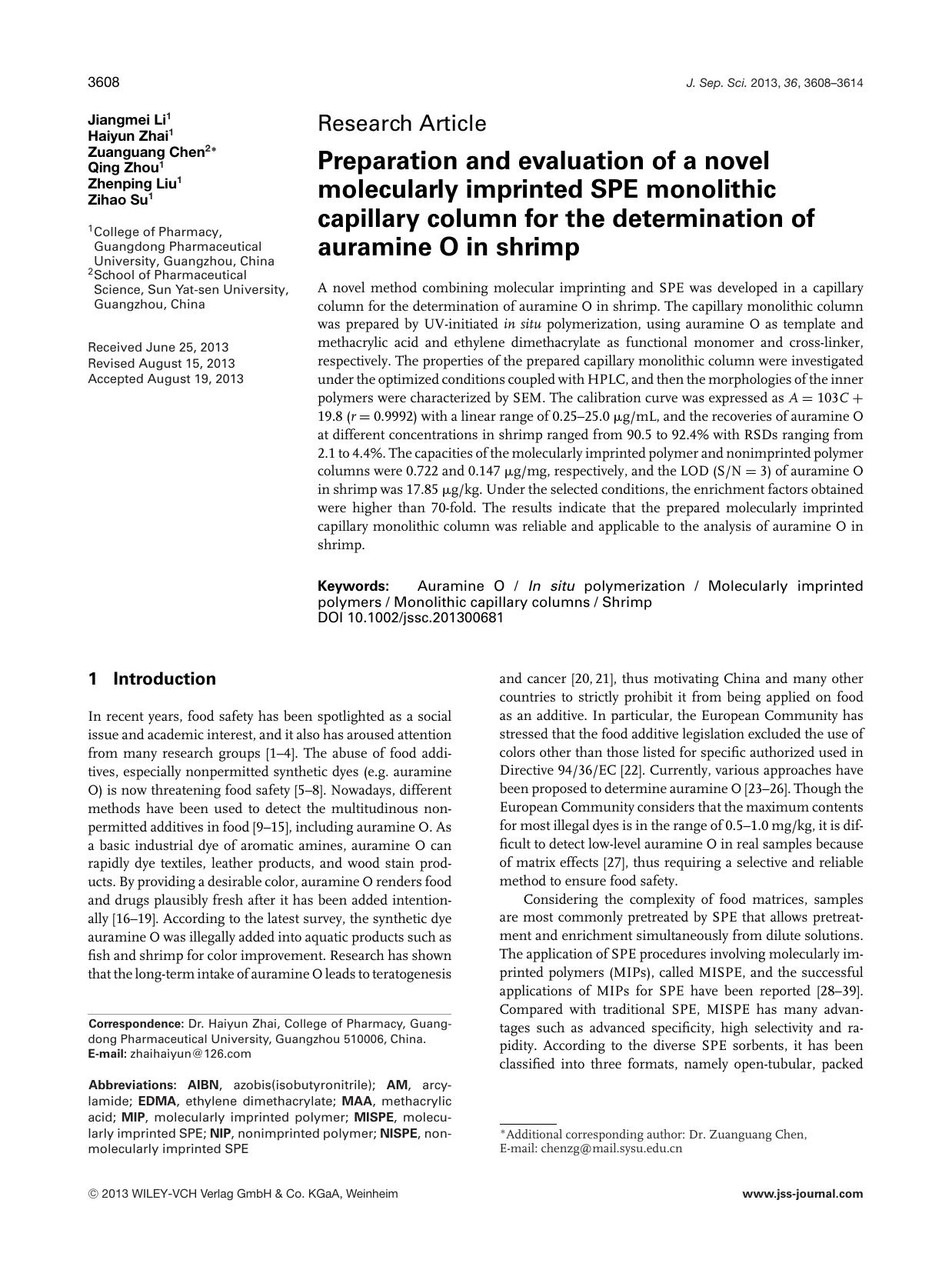 Preparation and evaluation of a novel molecularly imprinted <fc>SPE<fc> monolithic capillary column for the determination of auramine <fc>O<fc> in shrimp by Unknown