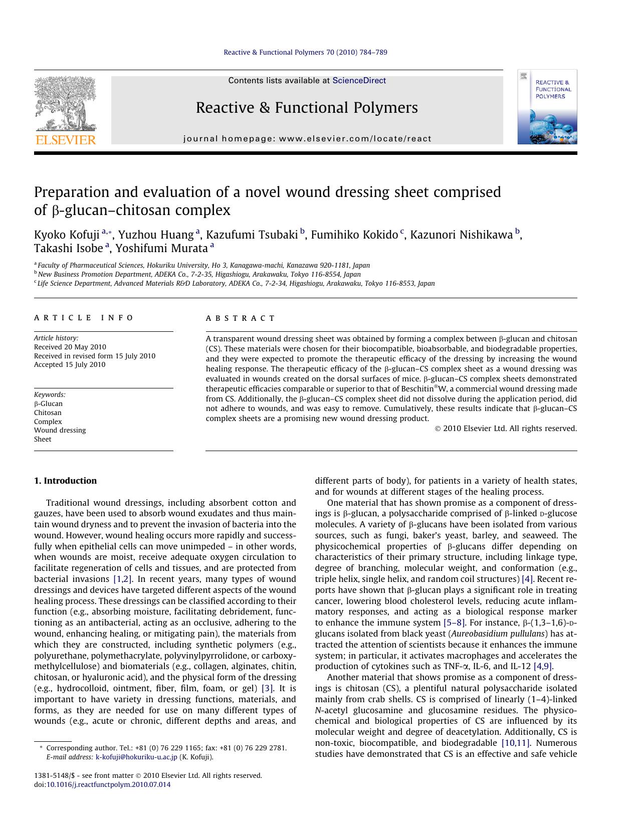 Preparation and evaluation of a novel wound dressing sheet comprised of ÃÂ²-glucanÃ¢â¬âchitosan complex by unknow