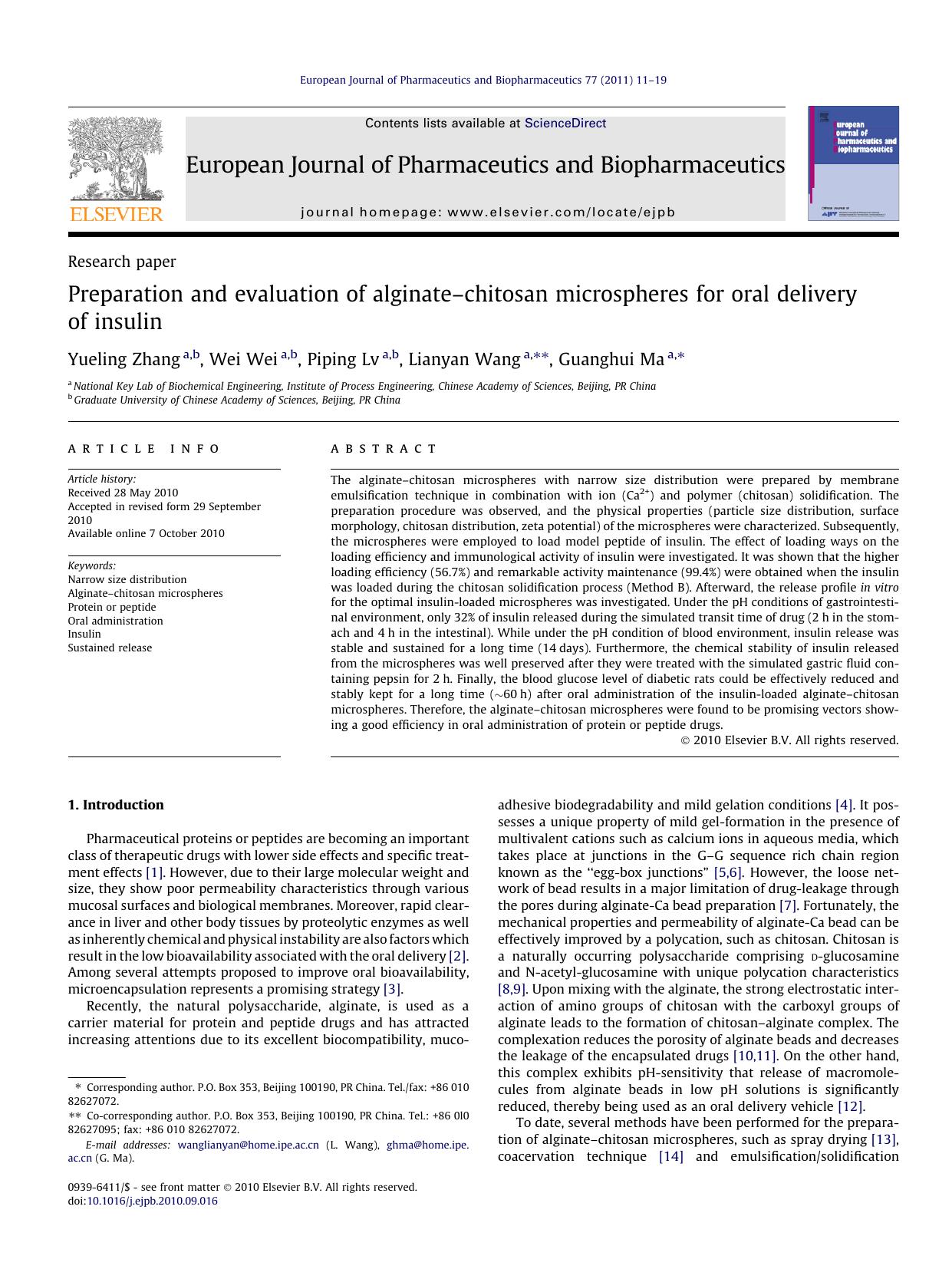 Preparation and evaluation of alginateÃ¢â¬âchitosan microspheres for oral delivery of insulin by Yueling Zhang & Wei Wei & Piping Lv & Lianyan Wang & Guanghui Ma