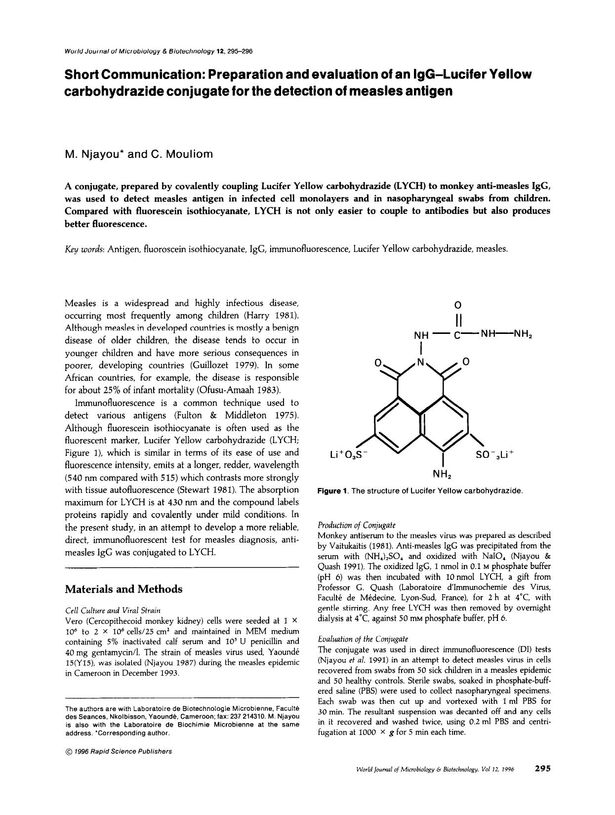 Preparation and evaluation of an IgG-Lucifer Yellow carbohydrazide conjugate for the detection of measles antigen by Unknown