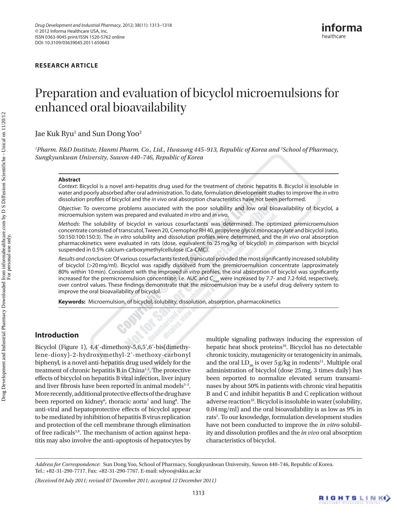 Preparation and evaluation of bicyclol microemulsions for enhanced oral bioavailability by Jae Kuk Ryu & Sun Dong Yoo