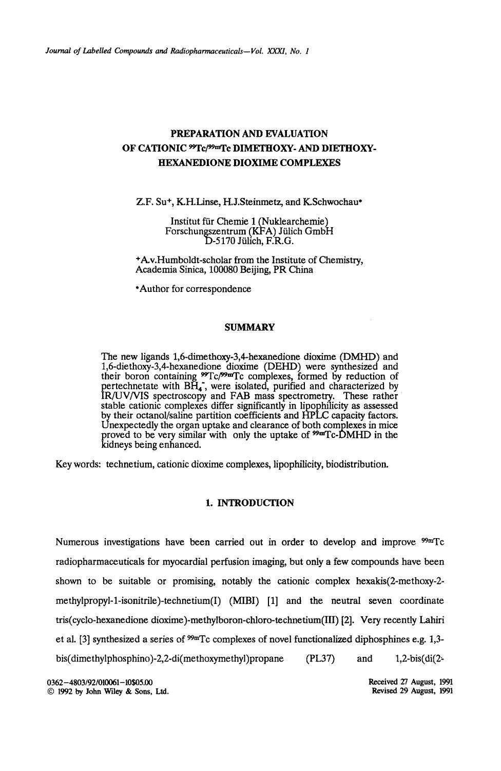 Preparation and evaluation of cationic 99Tc99mTc dimethoxy- and diethoxy-hexanedione dioxime complexes by Unknown