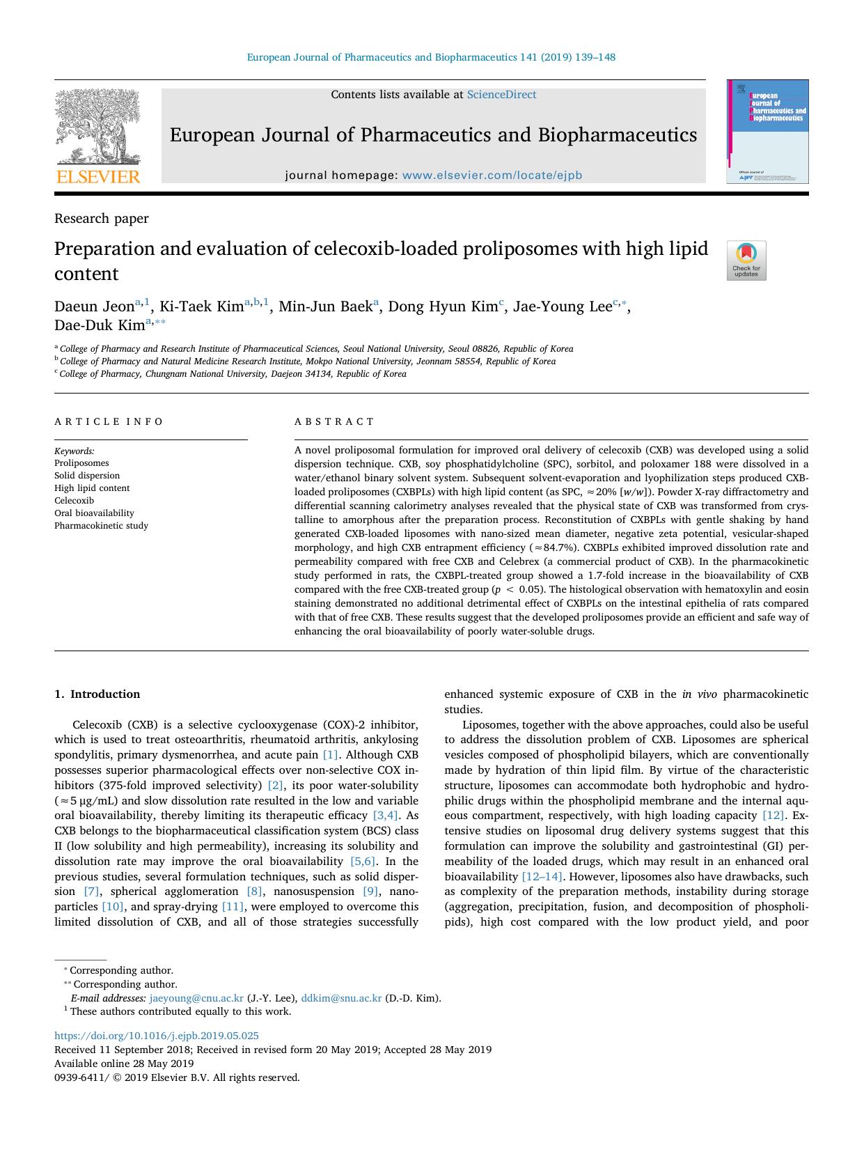 Preparation and evaluation of celecoxib-loaded proliposomes with high lipid content by Daeun Jeon & Ki-Taek Kim & Min-Jun Baek & Dong Hyun Kim & Jae-Young Lee & Dae-Duk Kim