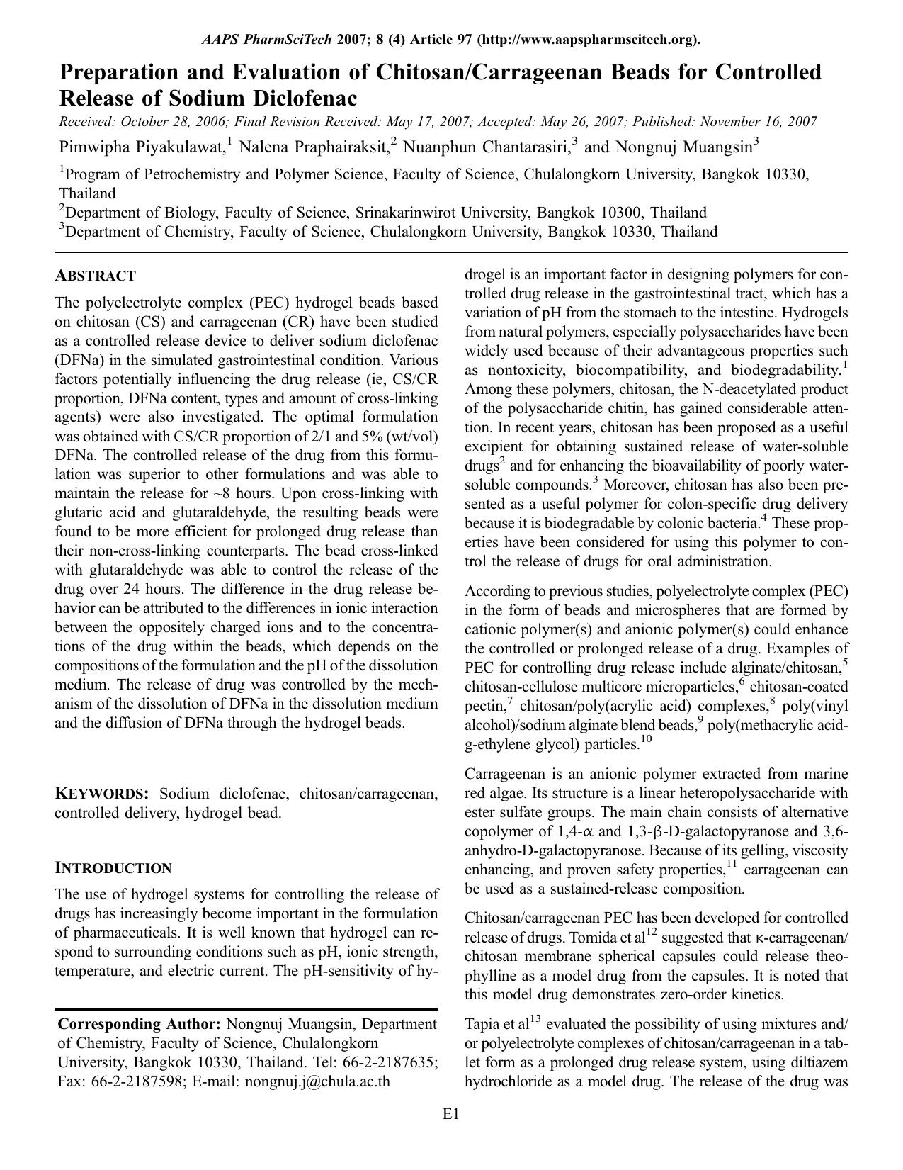Preparation and evaluation of chitosancarrageenan beads for controlled release of sodium diclofenac by Unknown