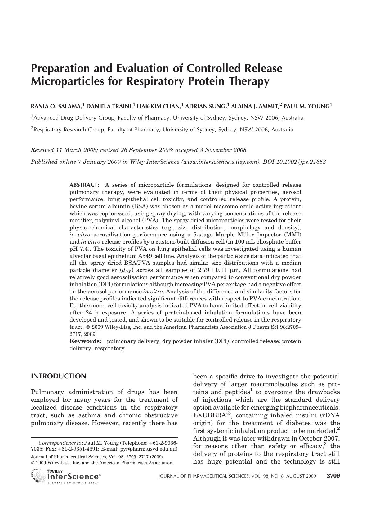 Preparation and evaluation of controlled release microparticles for respiratory protein therapy by Unknown