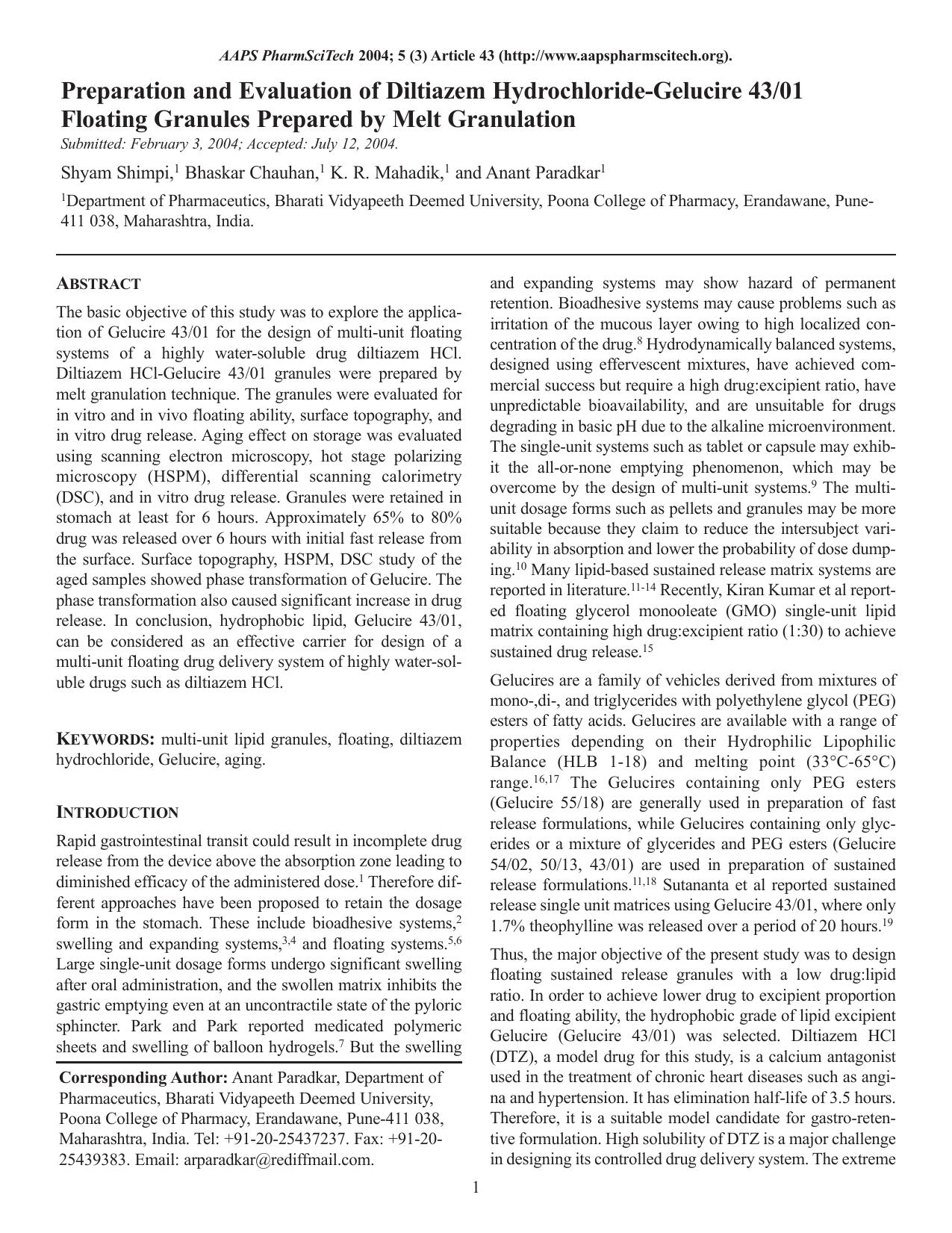 Preparation and evaluation of diltiazem hydrochloride-gelucire 4301 floating granules prepared by melt granulation by Unknown
