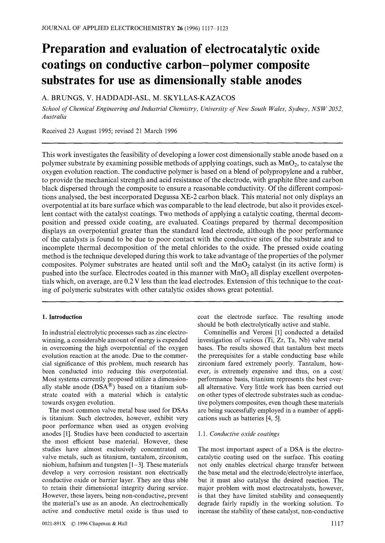 Preparation and evaluation of electrocatalytic oxide coatings on conductive carbon-polymer composite substrates for use as dimensionally stable anodes by Unknown