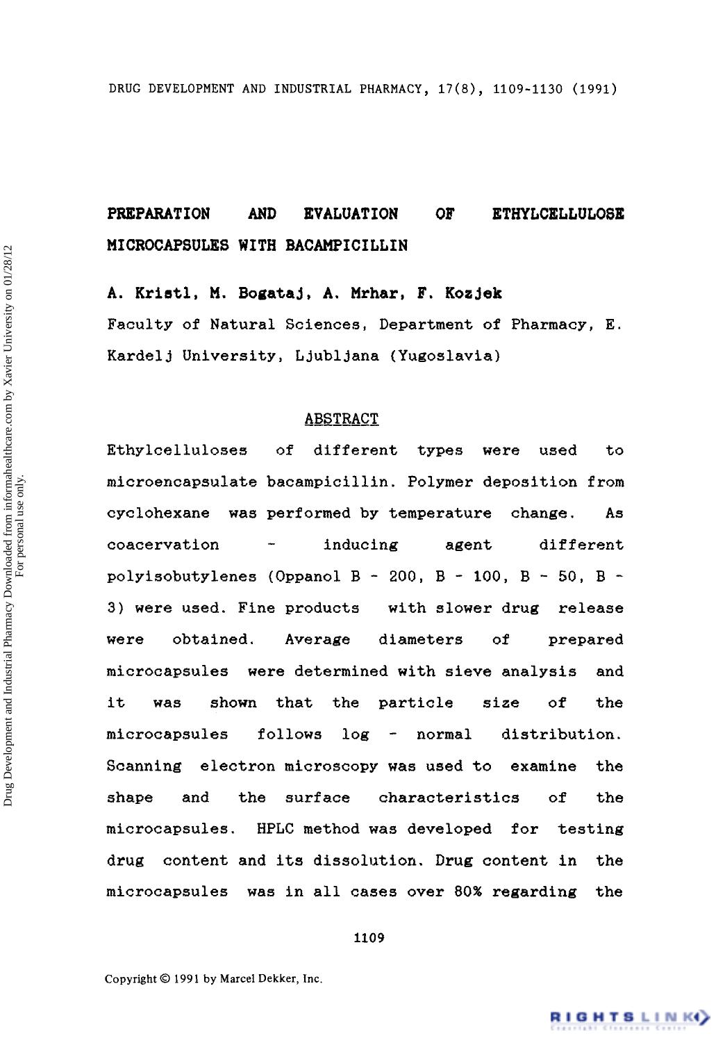 Preparation and evaluation of ethylcellulose microcapsules with bacampicillin by A. Kristl M. Bogataj A. Mrhar & F. Kozjek
