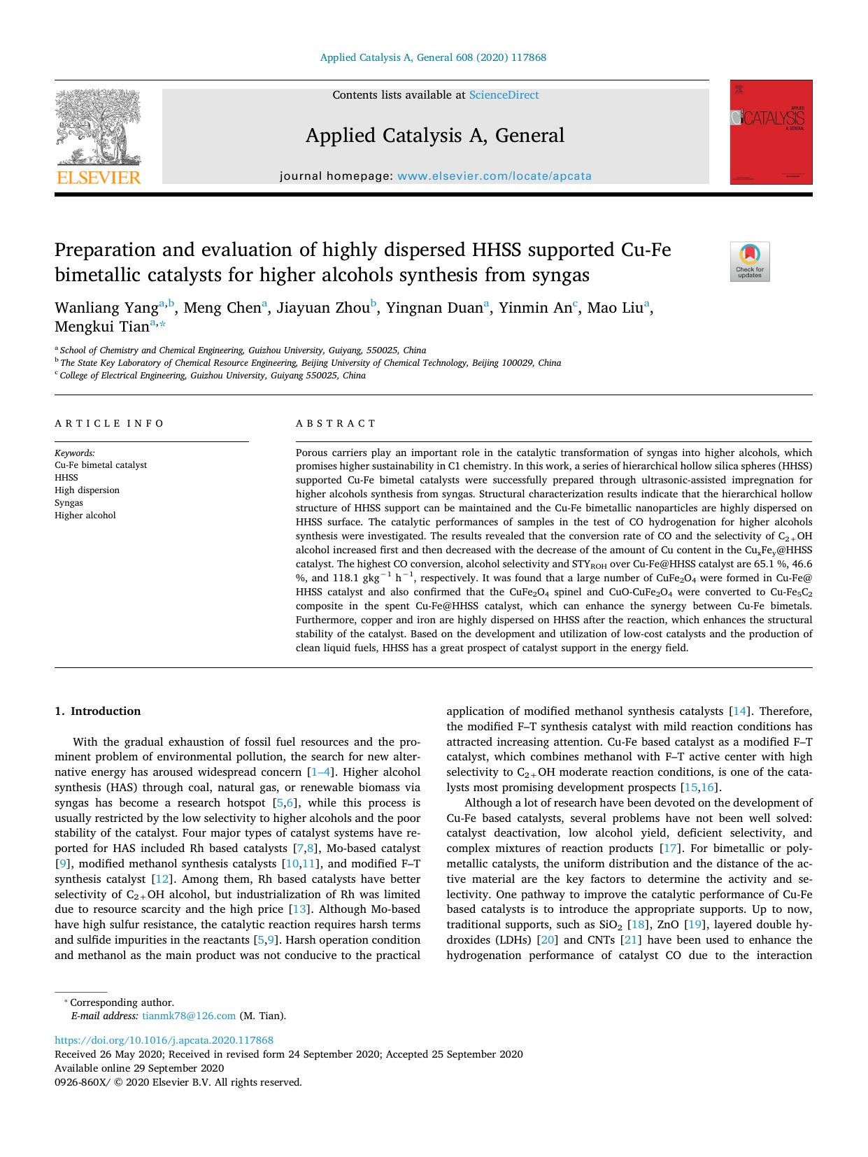 Preparation and evaluation of highly dispersed HHSS supported Cu-Fe bimetallic catalysts for higher alcohols synthesis from syngas by Wanliang Yang & Meng Chen & Jiayuan Zhou & Yingnan Duan & Yinmin An & Mao Liu & Mengkui Tian