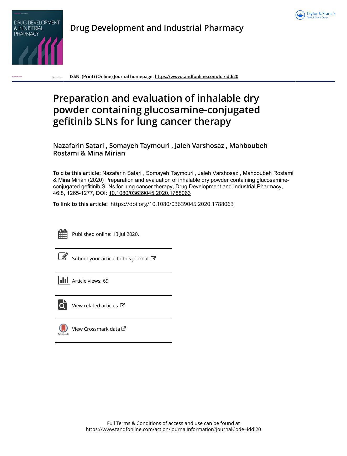 Preparation and evaluation of inhalable dry powder containing glucosamine-conjugated gefitinib SLNs for lung cancer therapy by Satari Nazafarin & Taymouri Somayeh & Varshosaz Jaleh & Rostami Mahboubeh & Mirian Mina