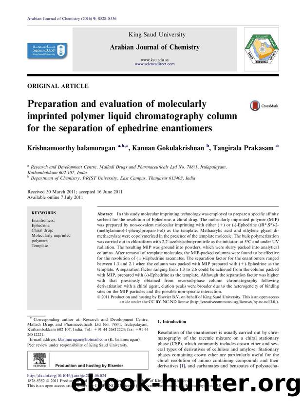 Preparation and evaluation of molecularly imprinted polymer liquid chromatography column for the separation of ephedrine enantiomers by Krishnamoorthy balamurugan & Kannan Gokulakrishnan & Tangirala Prakasam