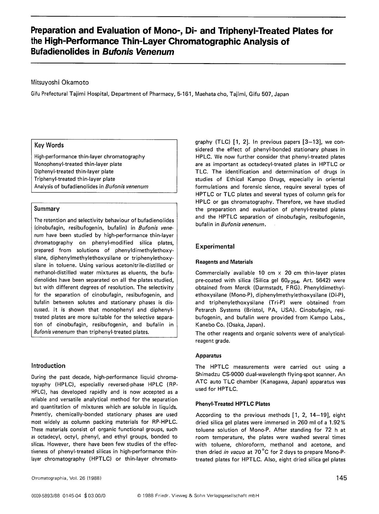 Preparation and evaluation of mono-, di- and triphenyl-treated plates for the high-performance thin-layer chromatographic analysis of bufadienolides in <Emphasis Type="Italic">Bufo by Unknown