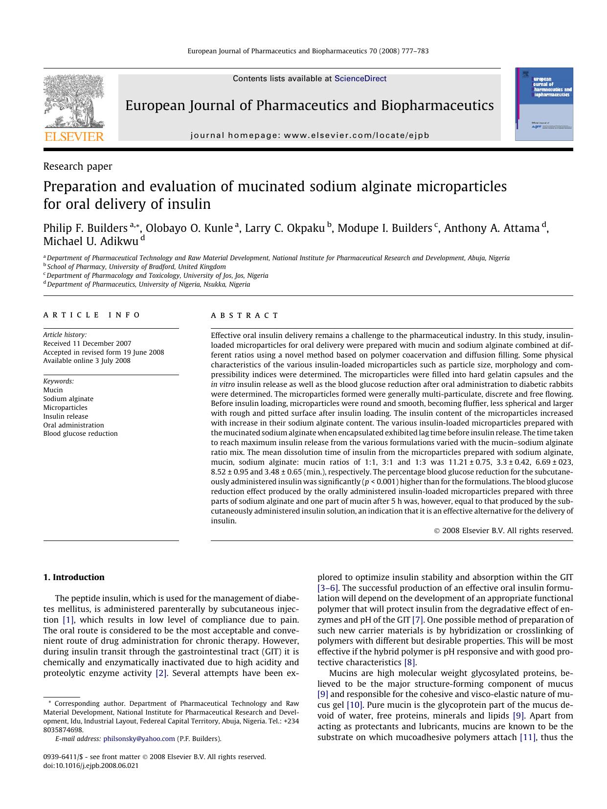 Preparation and evaluation of mucinated sodium alginate microparticles for oral delivery of insulin by unknow