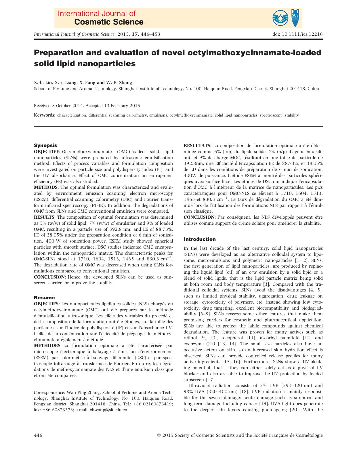 Preparation and evaluation of novel octylmethoxycinnamate&#x2010;loaded solid lipid nanoparticles by Unknown