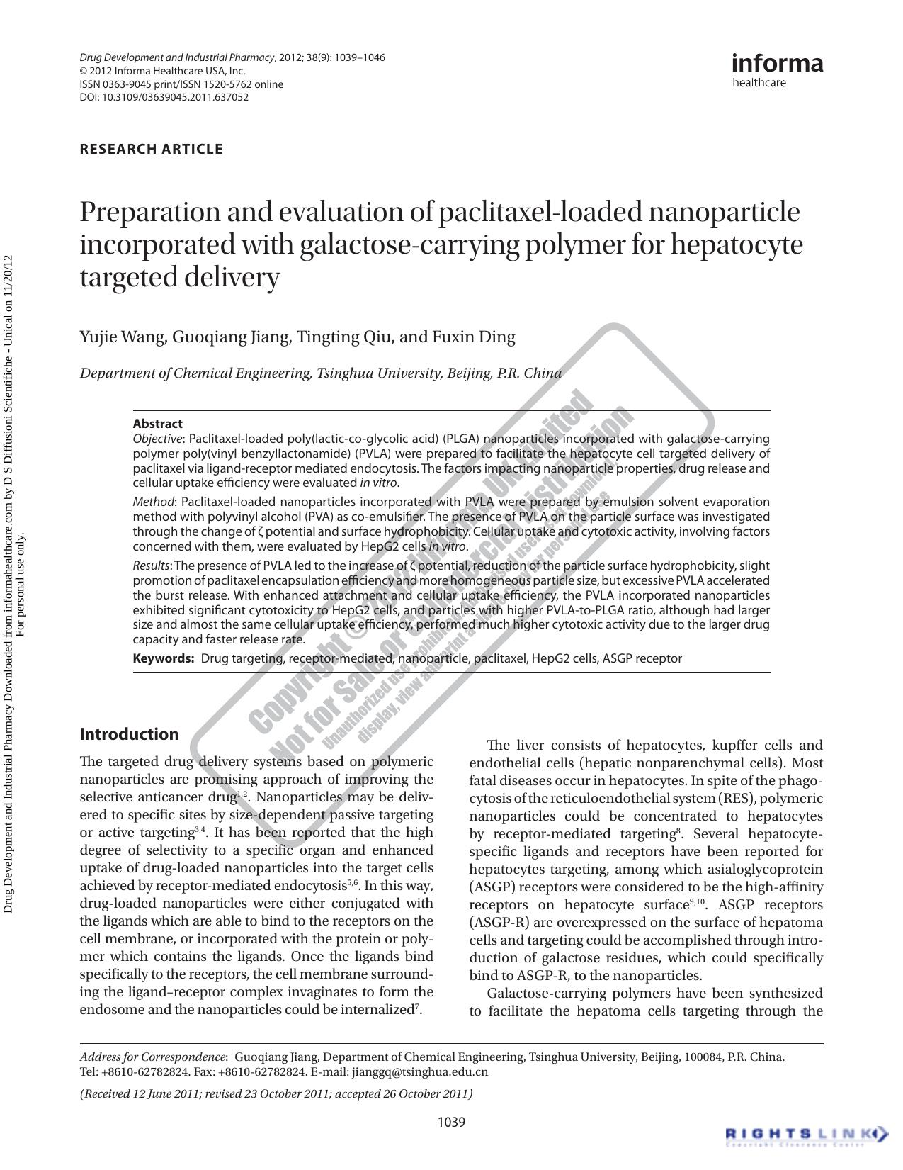 Preparation and evaluation of paclitaxel-loaded nanoparticle incorporated with galactose-carrying polymer for hepatocyte targeted delivery by Yujie Wang Guoqiang Jiang Tingting Qiu & Fuxin Ding