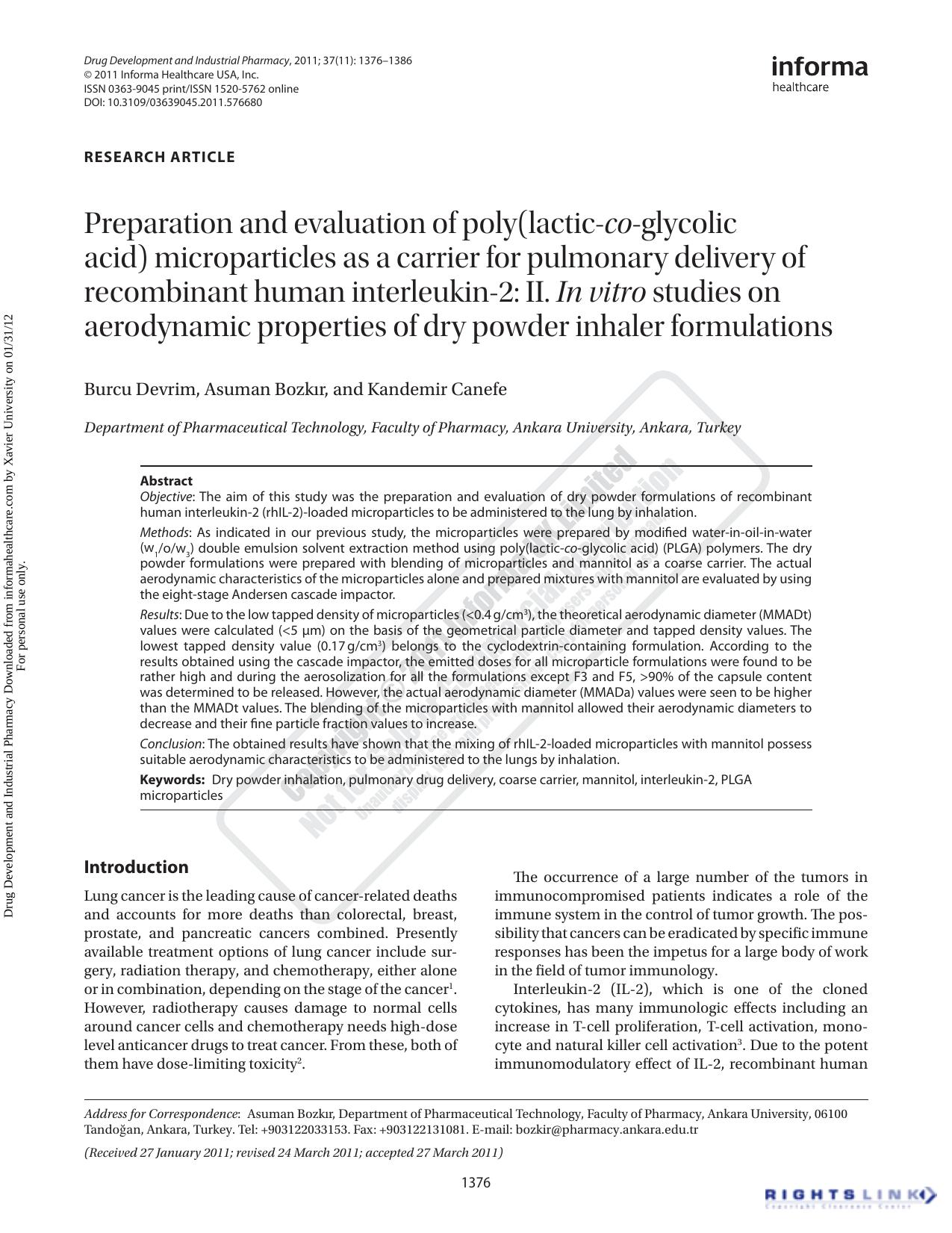 Preparation and evaluation of poly(lactic-co-glycolic acid) microparticles as a carrier for pulmonary delivery of recombinant human interleukin-2: II. In vitro studies on aerodynam by Burcu Devrim Asuman Bozkırbozkir@pharmacy.ankara.edu.tr Kandemir Canefe